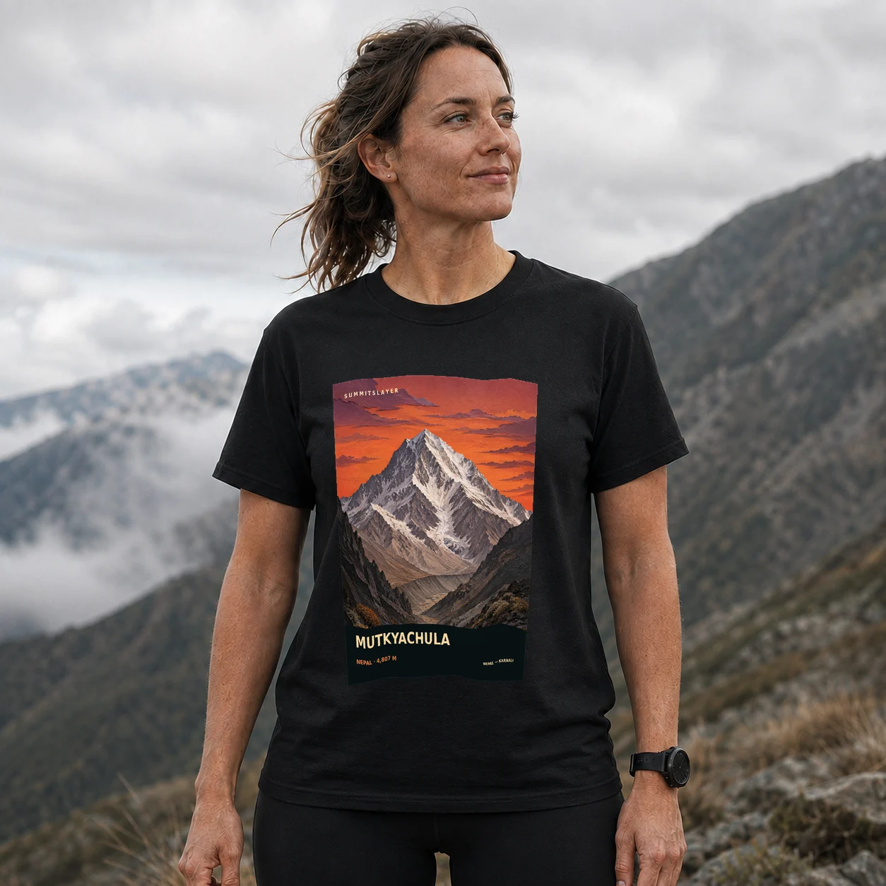 Black Muṭkyāchulā T-shirt front with mountain artwork