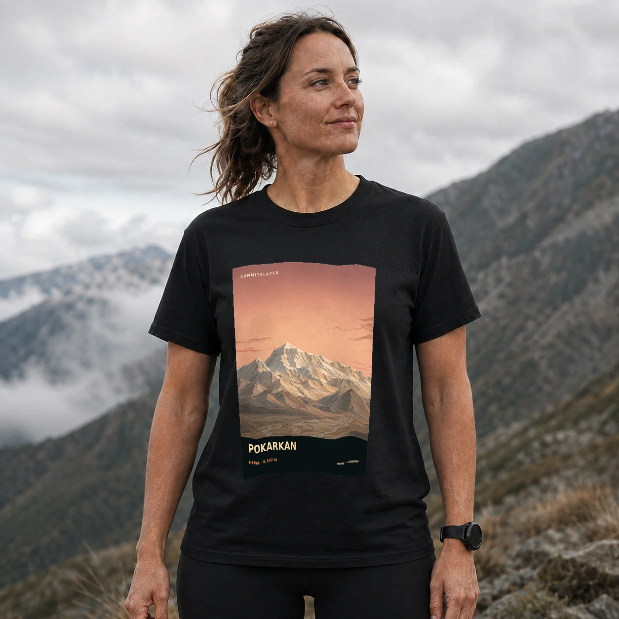 Black Pokarkān T-shirt front with mountain artwork