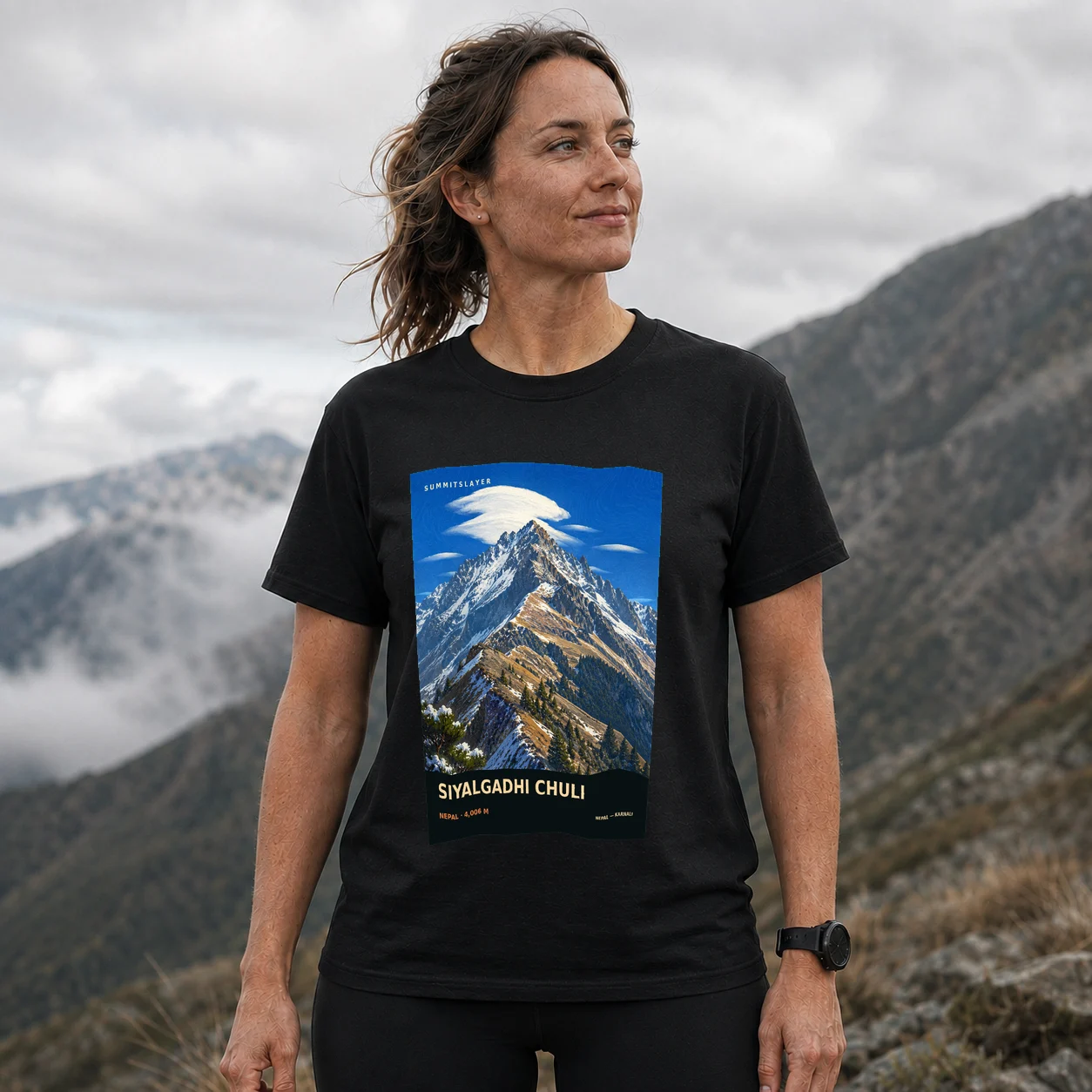 Black Siyālgaḍhi̇̄ Chuli̇̄ T-shirt front with mountain artwork