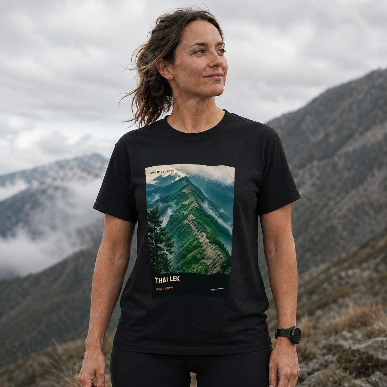 Black Thāi Lek T-shirt front with mountain artwork