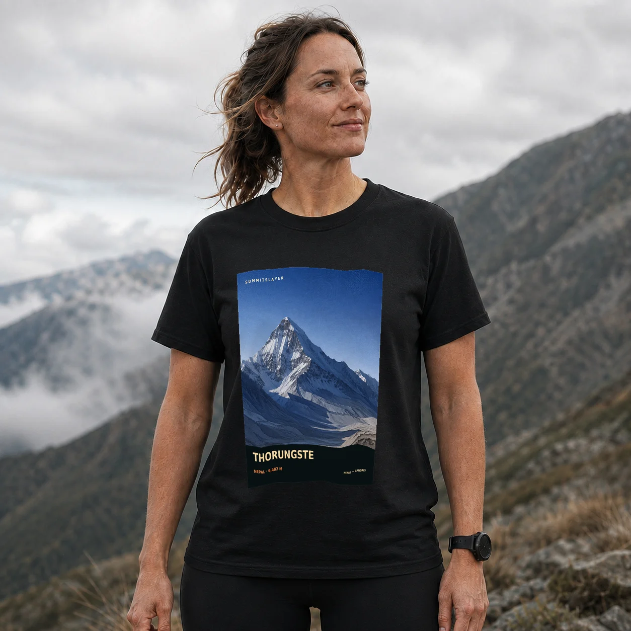 Black Thorungste T-shirt front with mountain artwork