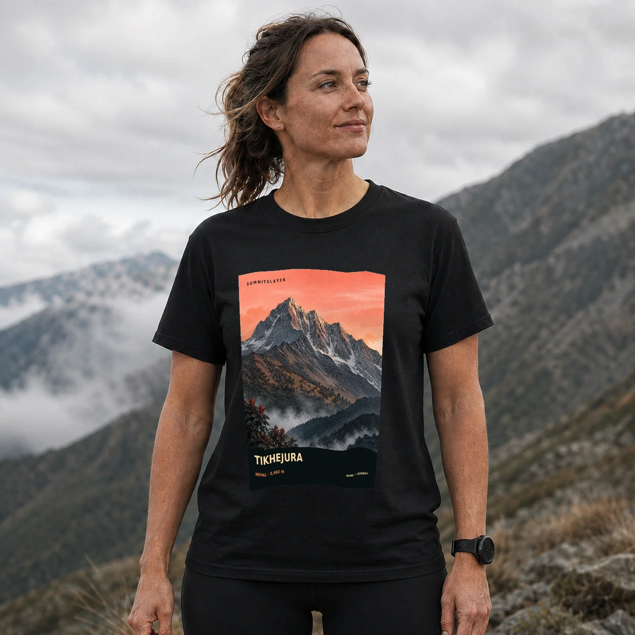 Black Tikhejurā T-shirt front with mountain artwork
