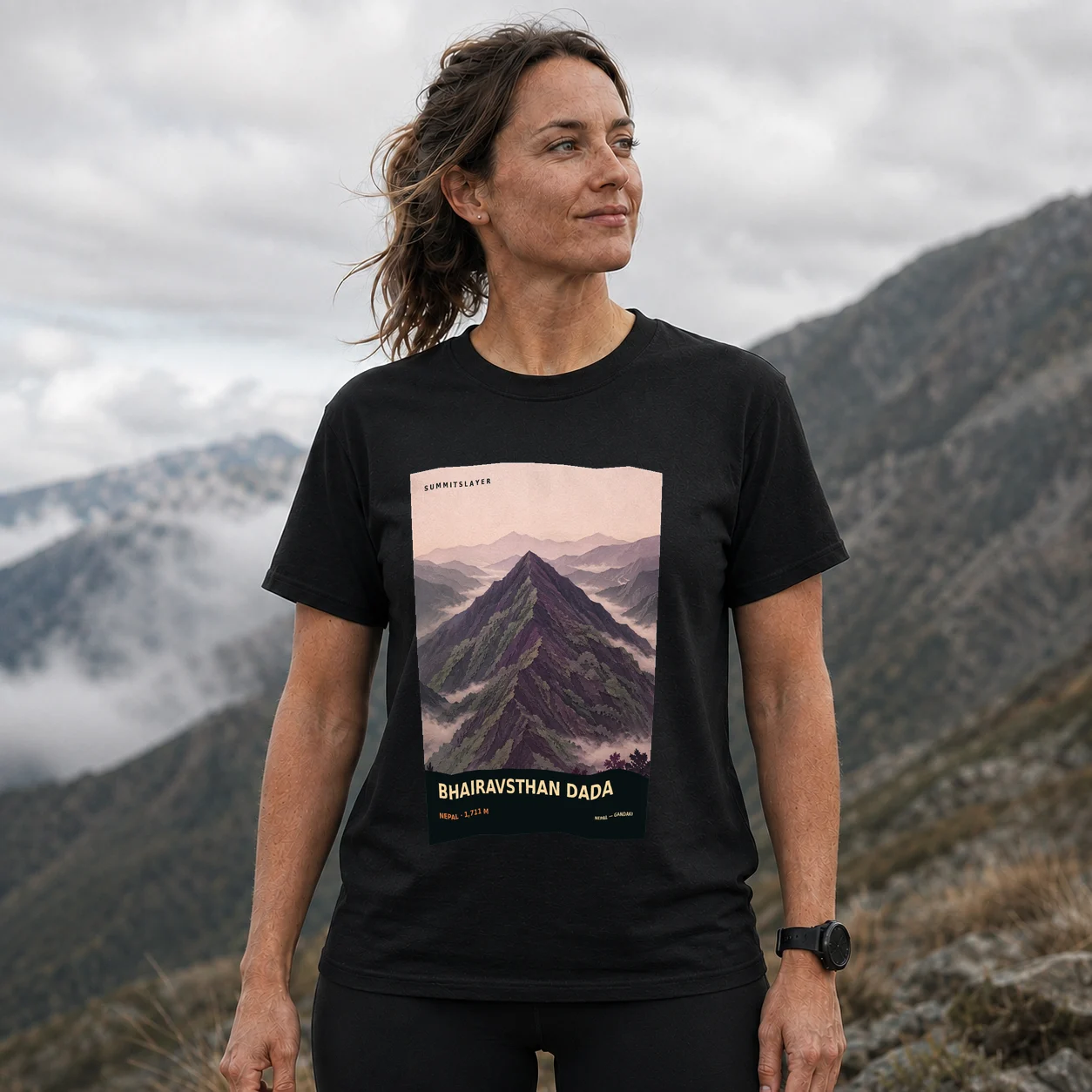 Black Bhairavsthān Ḍā̃ḍā T-shirt front with mountain artwork
