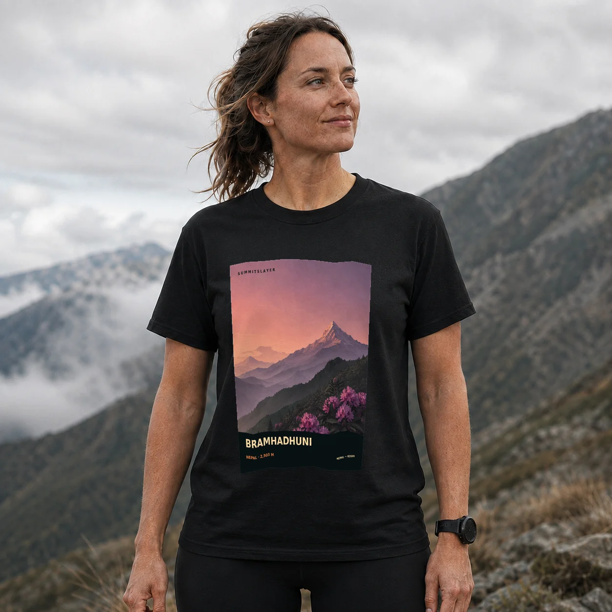 Black Bramhadhuni̇̄ T-shirt front with mountain artwork