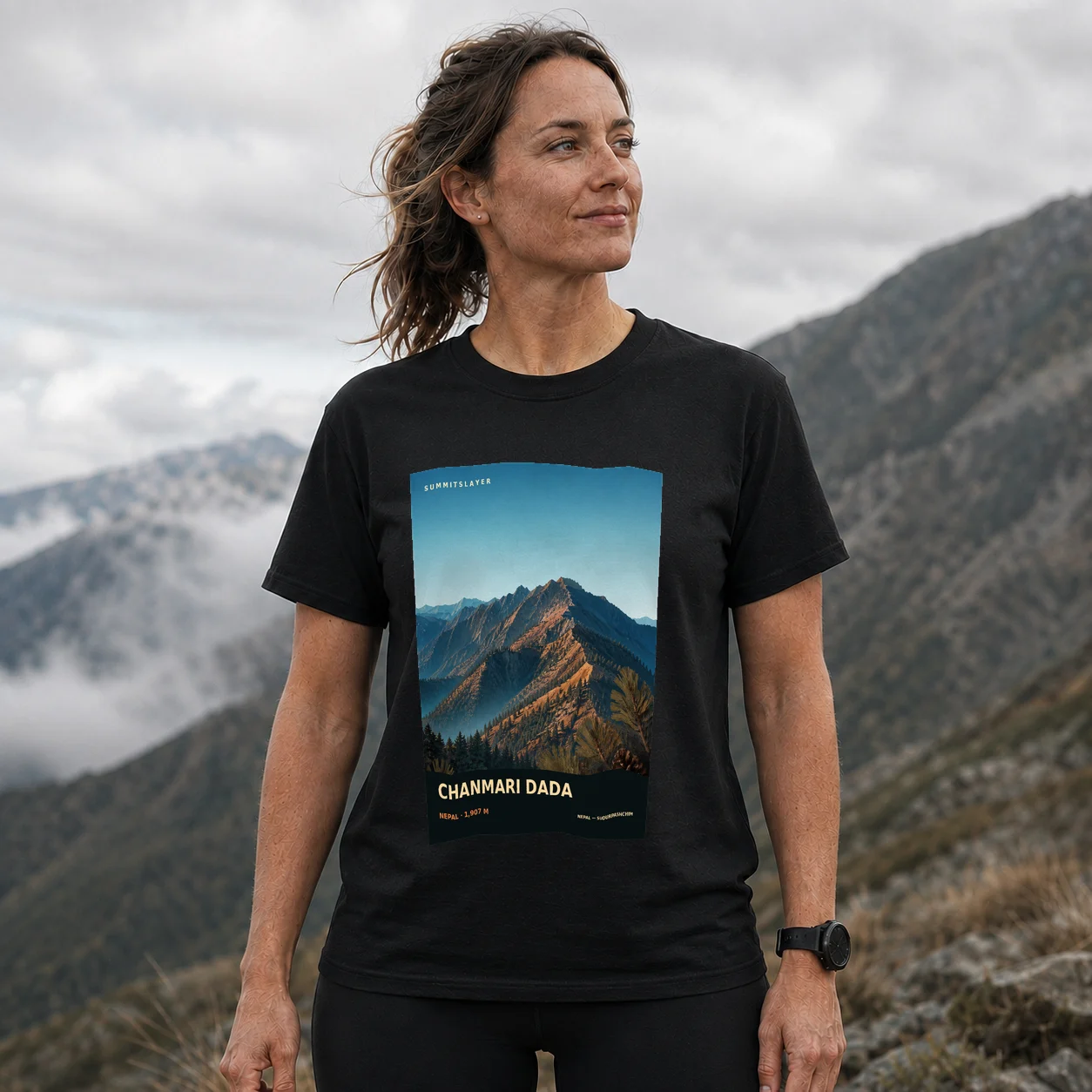 Black Chānmāri̇̄ Ḍā̃ḍā T-shirt front with mountain artwork