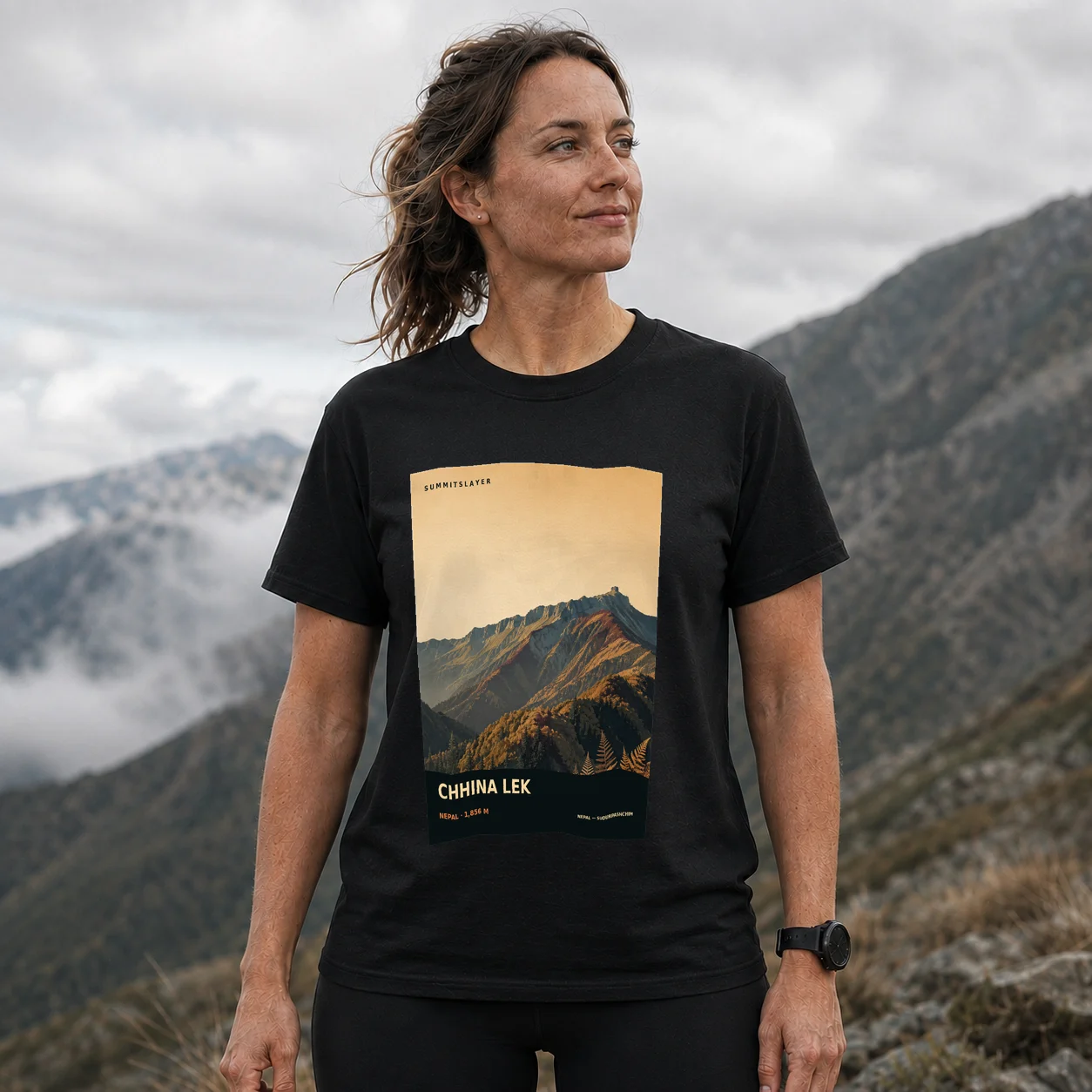 Black Chhinā Lek T-shirt front with mountain artwork