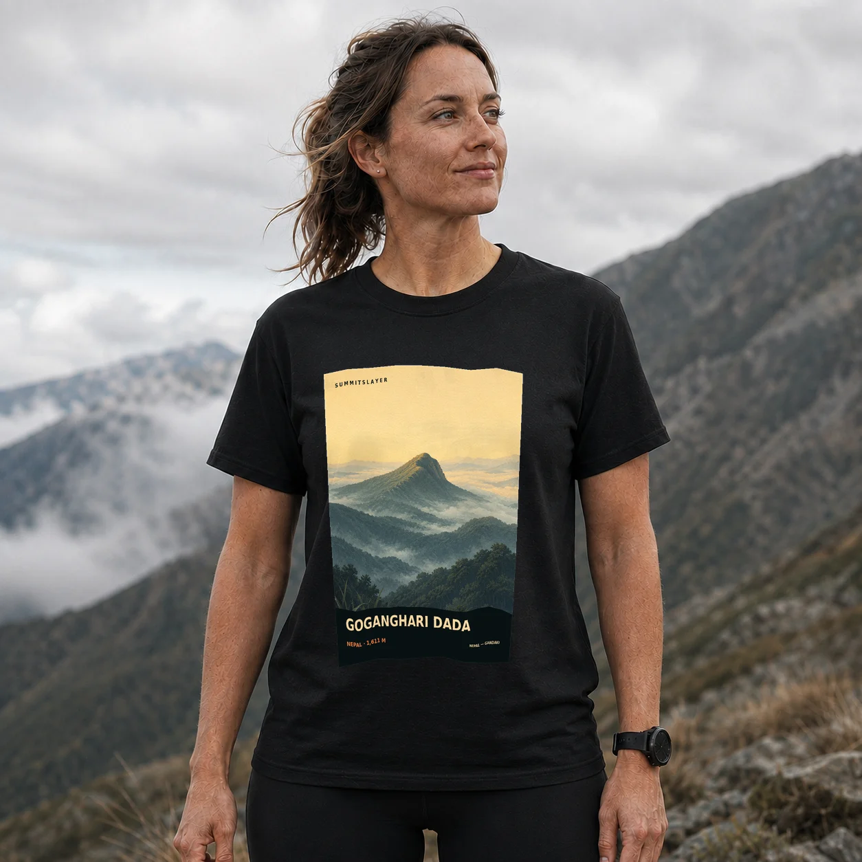 Black Goganghāri̇̄ Ḍā̃ḍā T-shirt front with mountain artwork