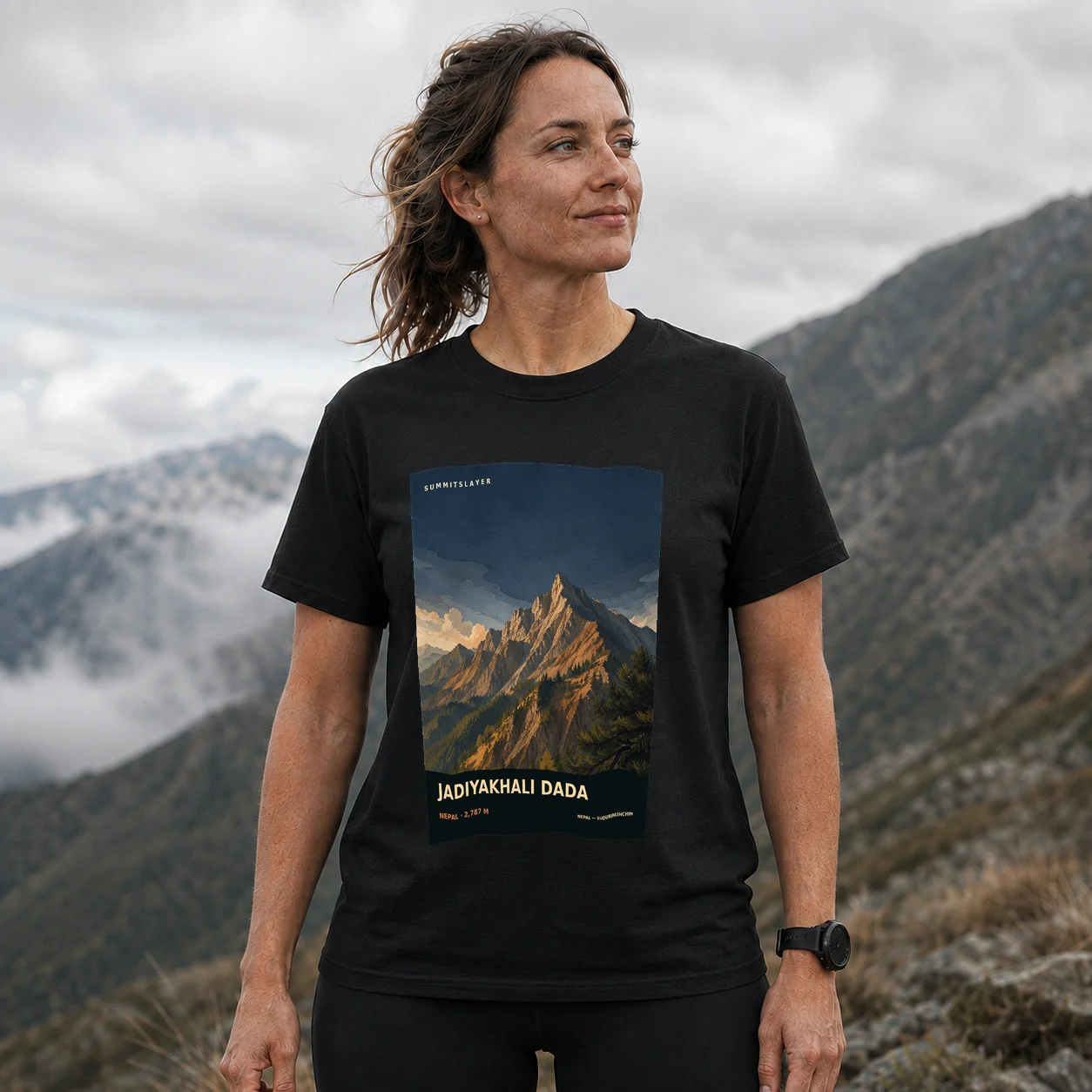 Black Jaḍiyākhāli̇̄ Ḍā̃ḍā T-shirt front with mountain artwork