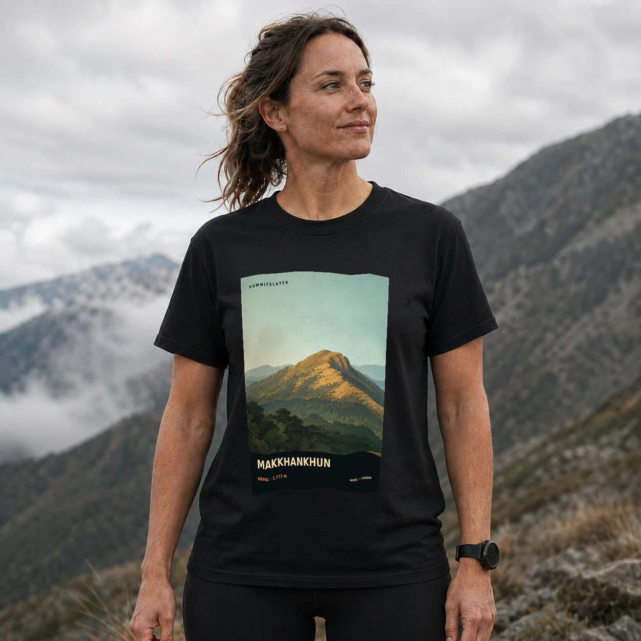 Black Makkhankhun T-shirt front with mountain artwork