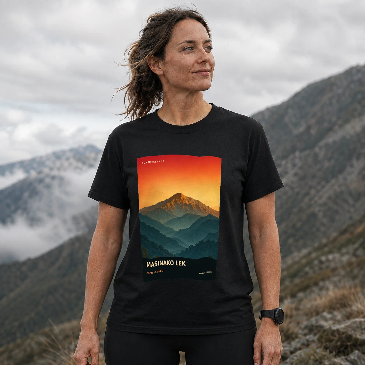 Black Masināko Lek T-shirt front with mountain artwork