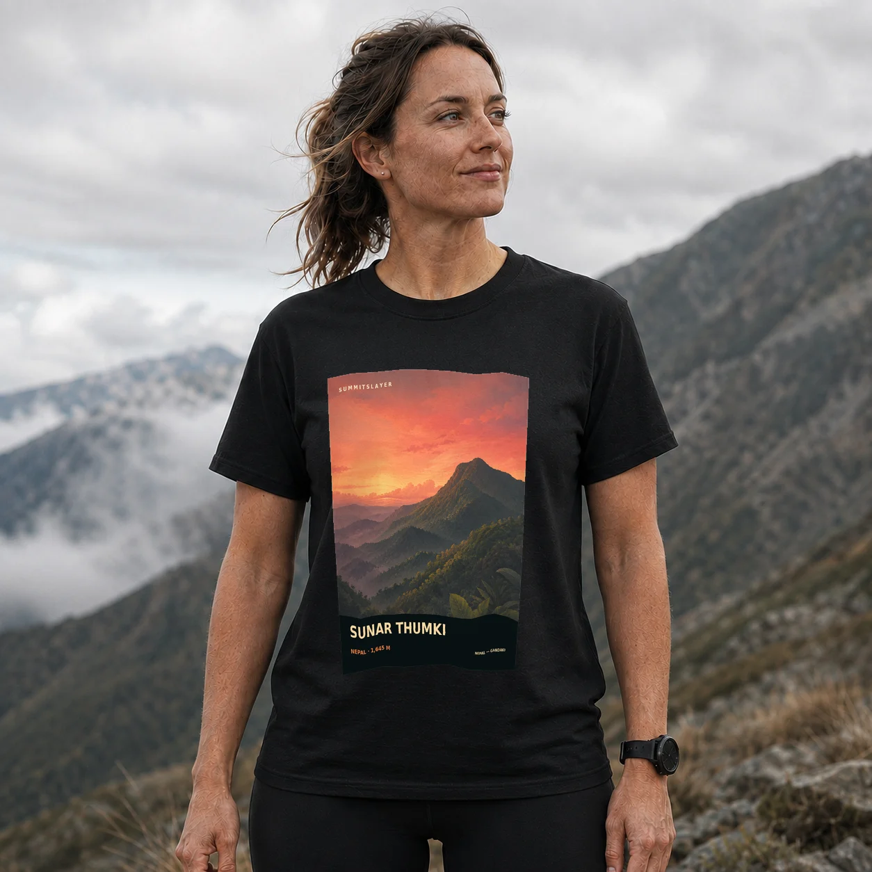 Black Sunār Thumki̇̄ T-shirt front with mountain artwork