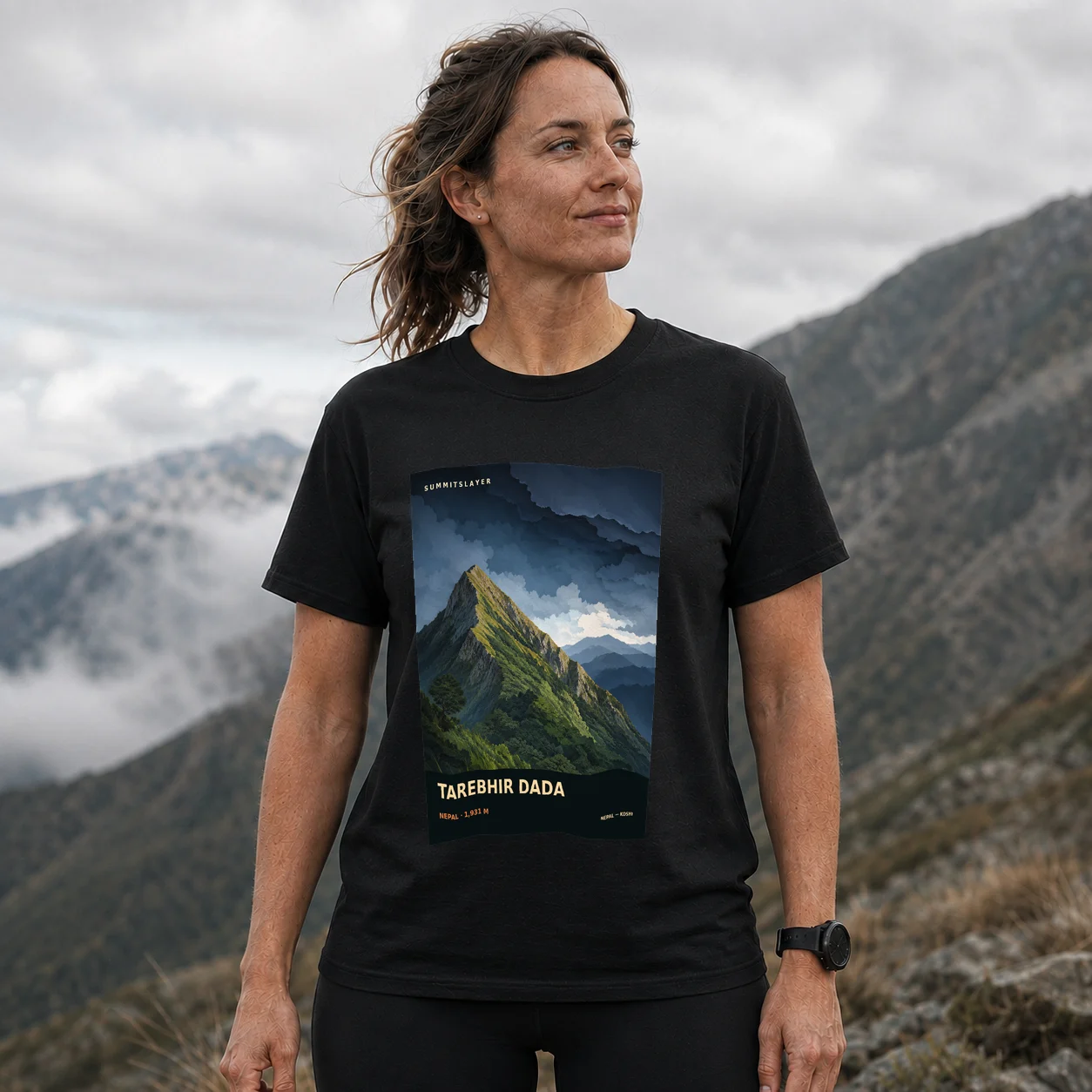 Black Tārebhi̇̄r Ḍā̃ḍā T-shirt front with mountain artwork