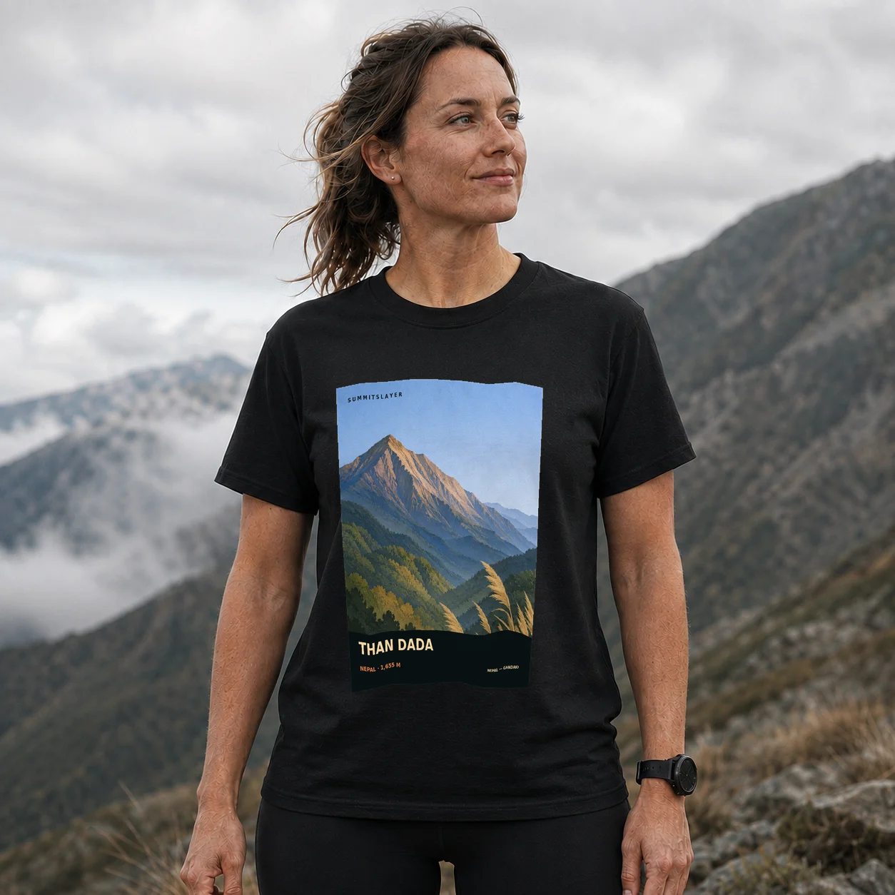 Black Thān Ḍā̃ḍā T-shirt front with mountain artwork
