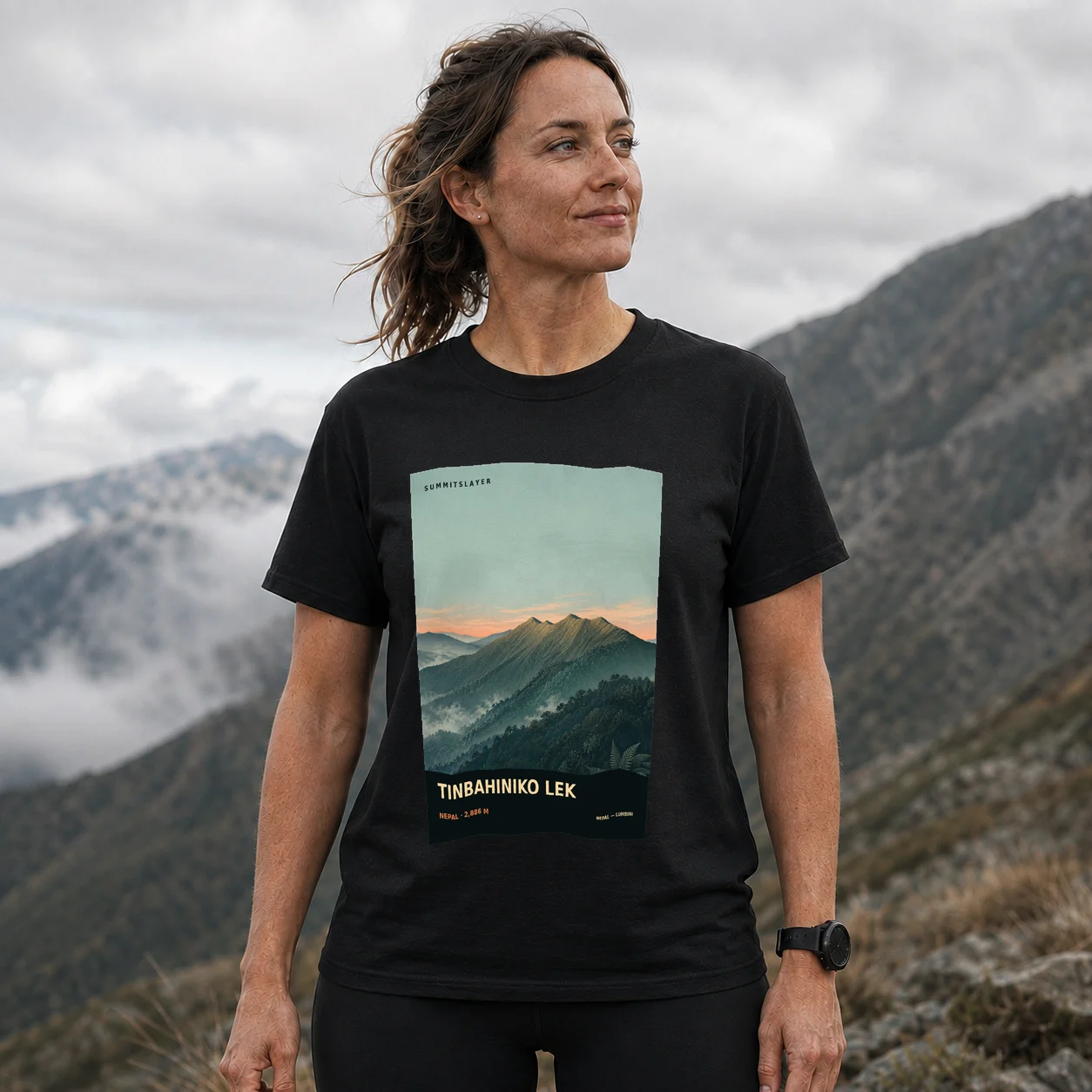 Black Ti̇̄nbahini̇̄ko Lek T-shirt front with mountain artwork