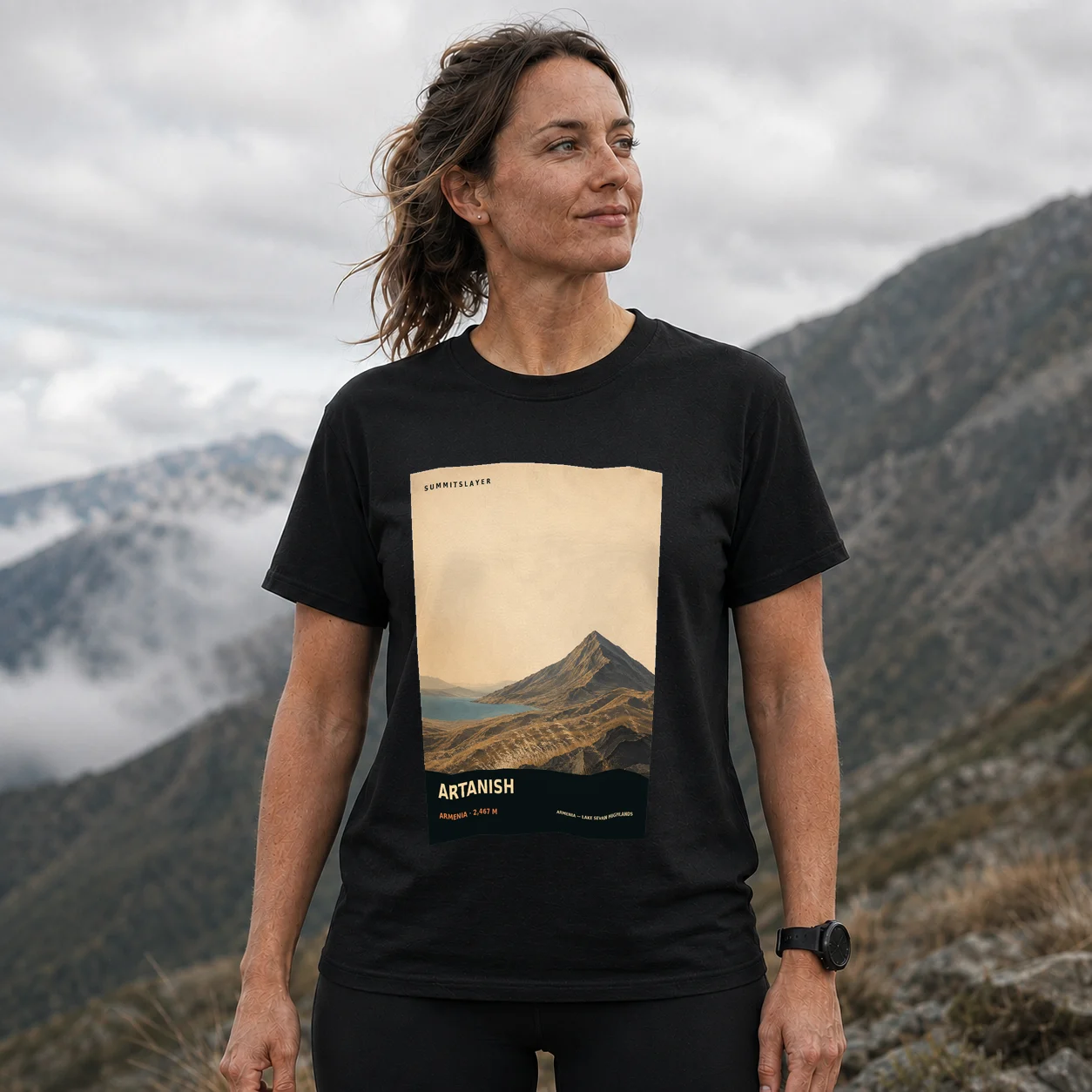 Black Artanish T-shirt front with mountain artwork