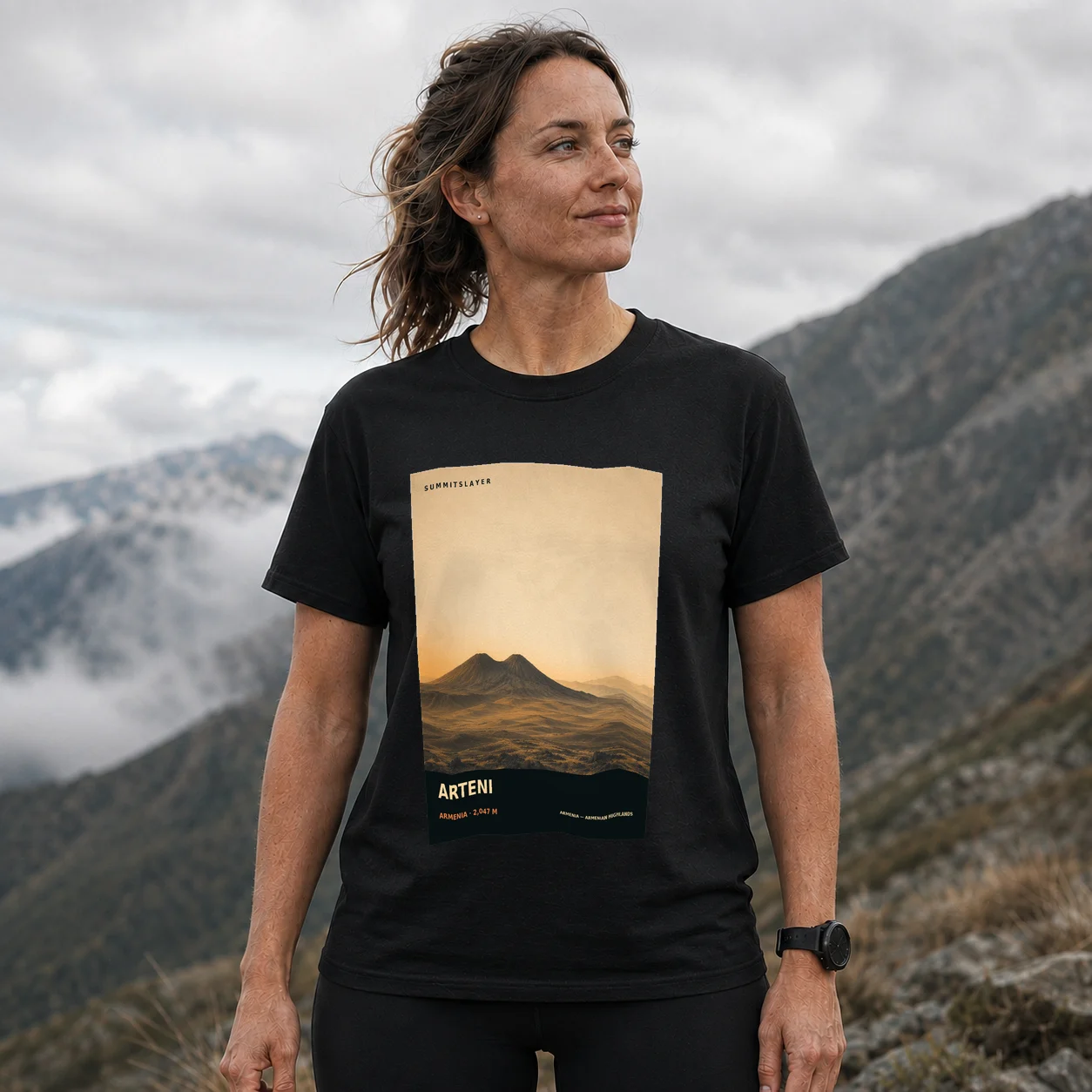 Black Arteni Lerr T-shirt front with mountain artwork