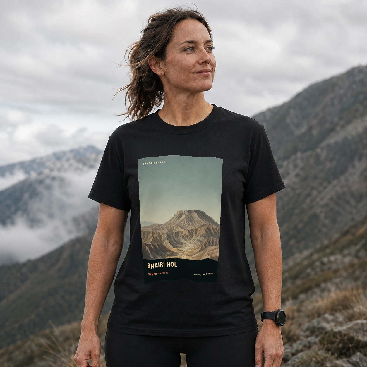 Black Bhairi Hol T-shirt front with mountain artwork