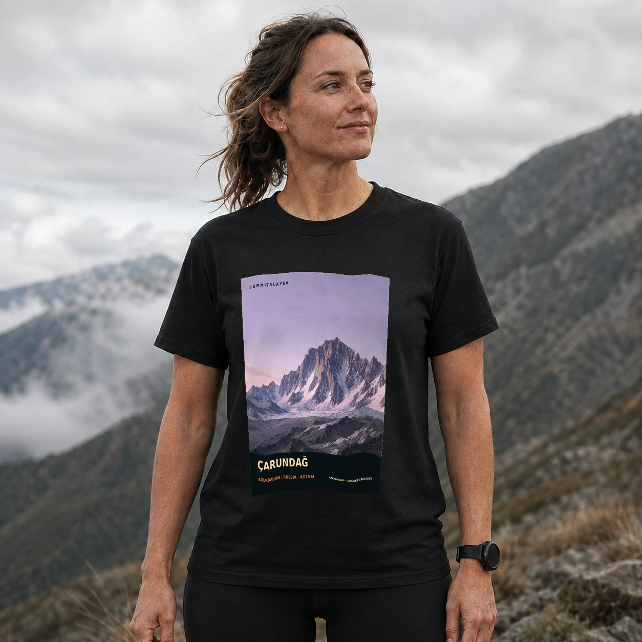 Black Gora Charundag T-shirt front with mountain artwork