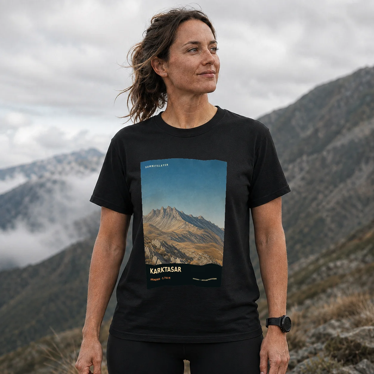 Black Karktasar T-shirt front with mountain artwork