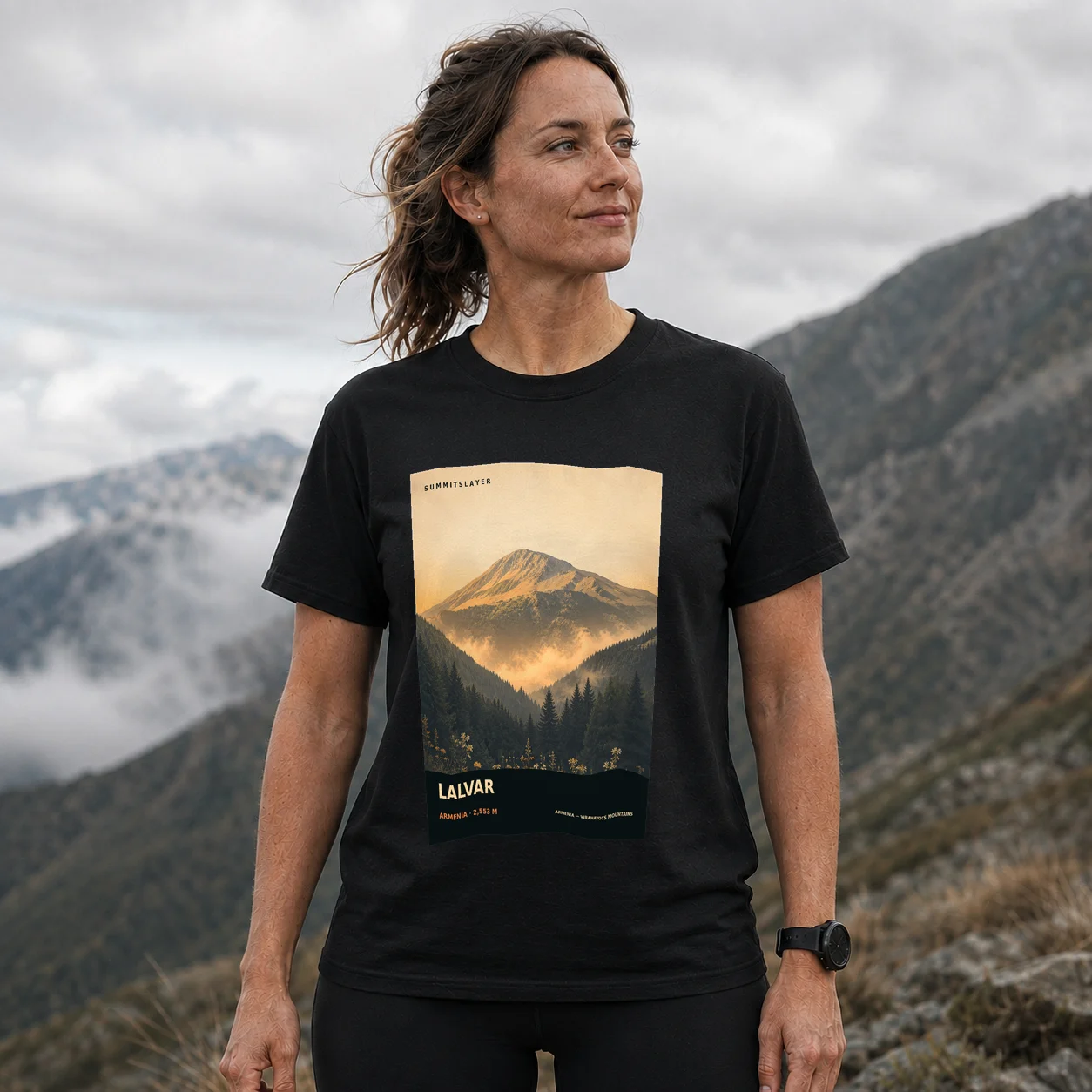 Black Lalvar Lerr T-shirt front with mountain artwork