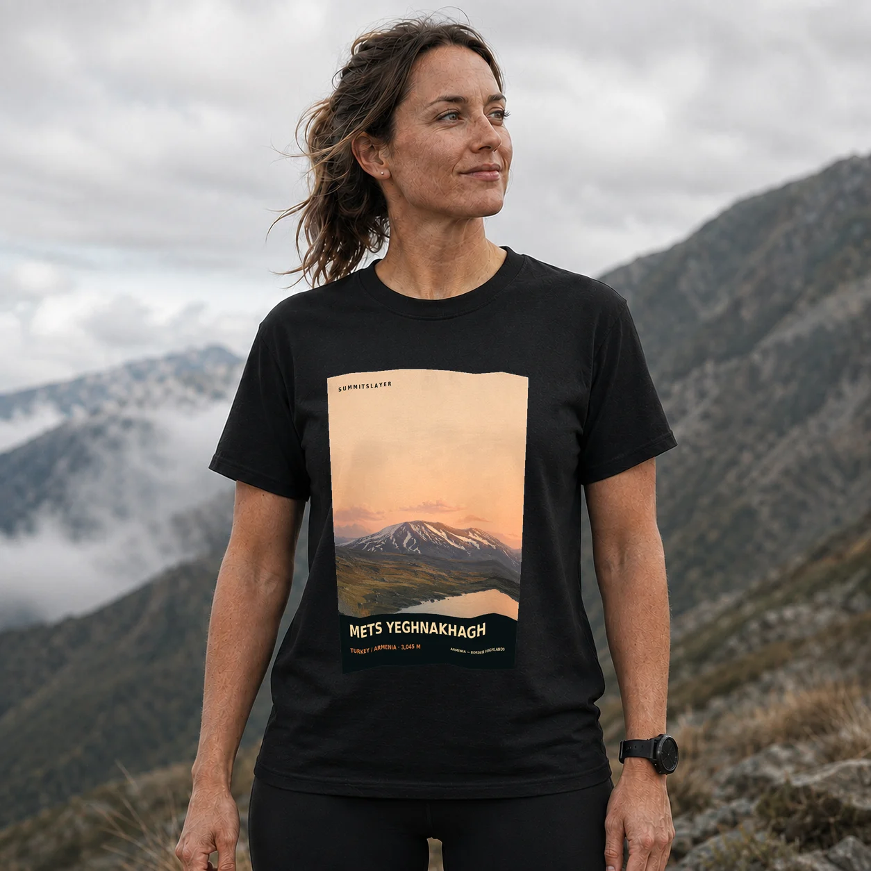 Black Mets Yeghnakhagh T-shirt front with mountain artwork