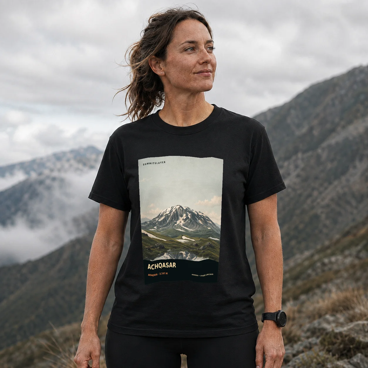 Black Mount Achkasar T-shirt front with mountain artwork