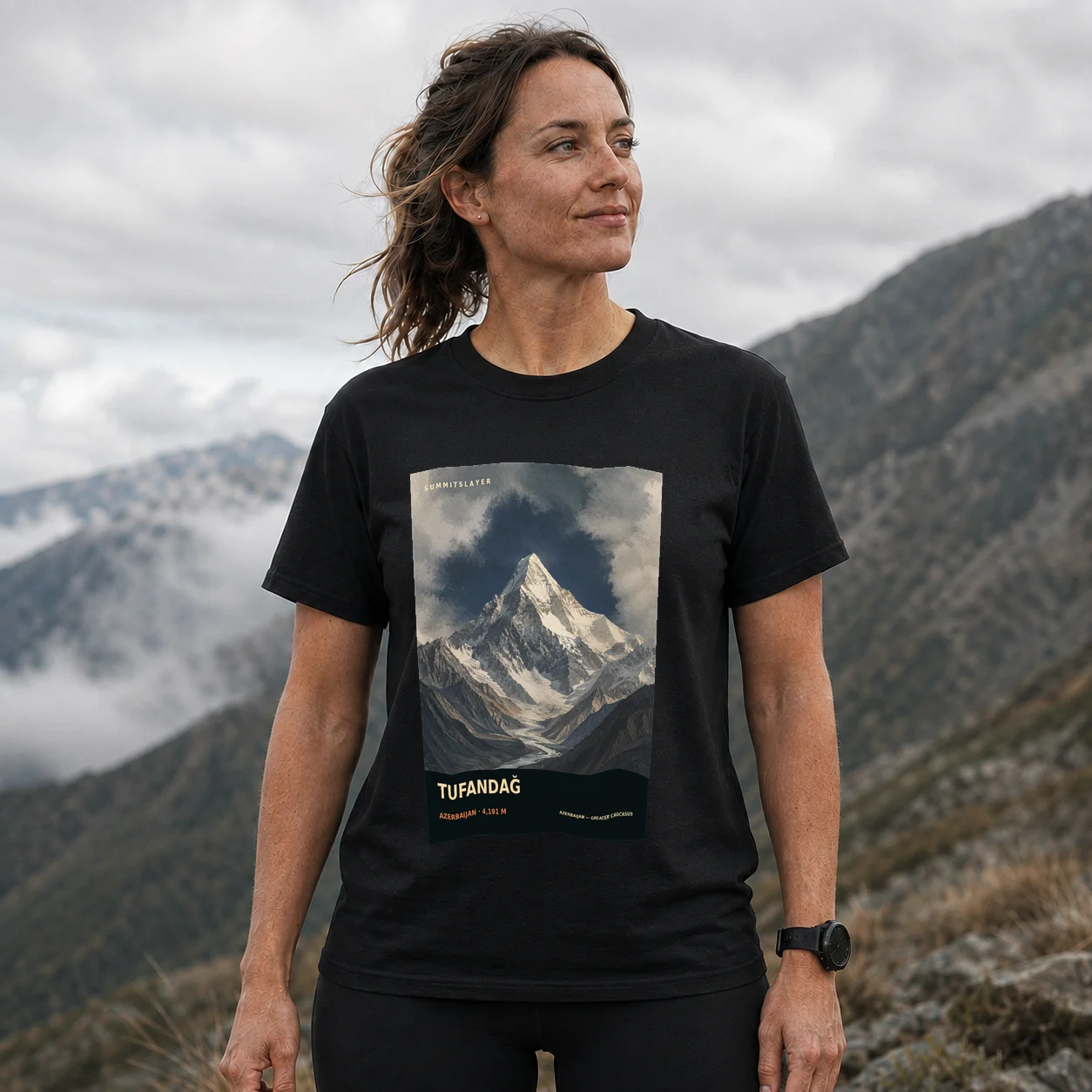 Black Tufandağ T-shirt front with mountain artwork