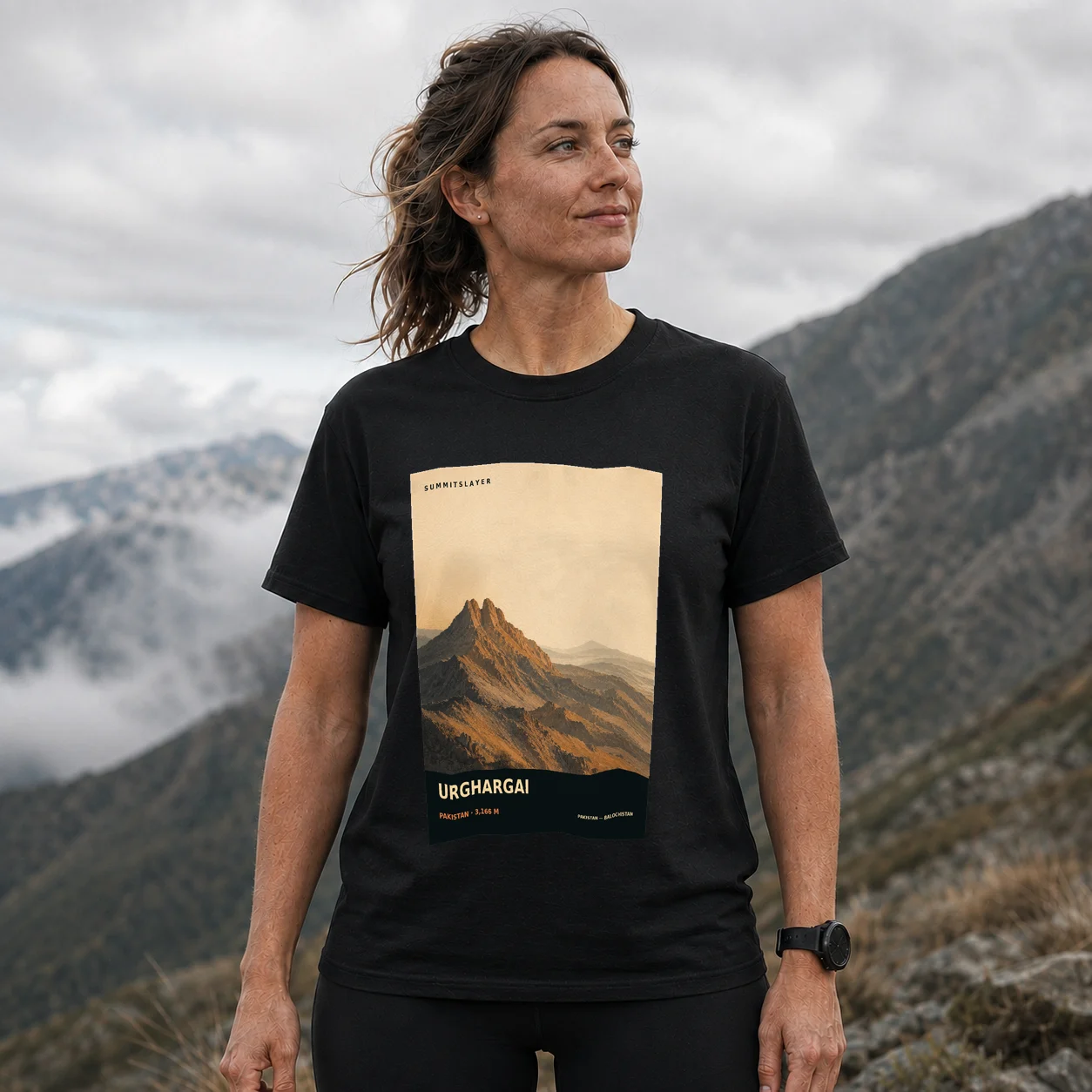 Black Urghargai T-shirt front with mountain artwork