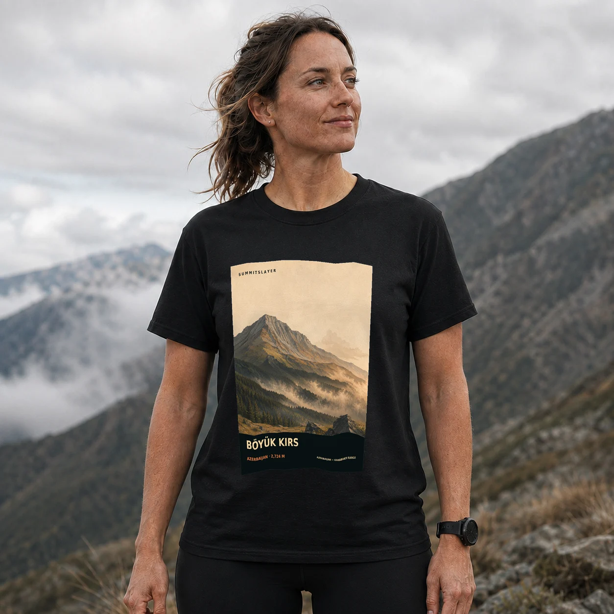 Black Böyük Kirs Dağı T-shirt front with mountain artwork