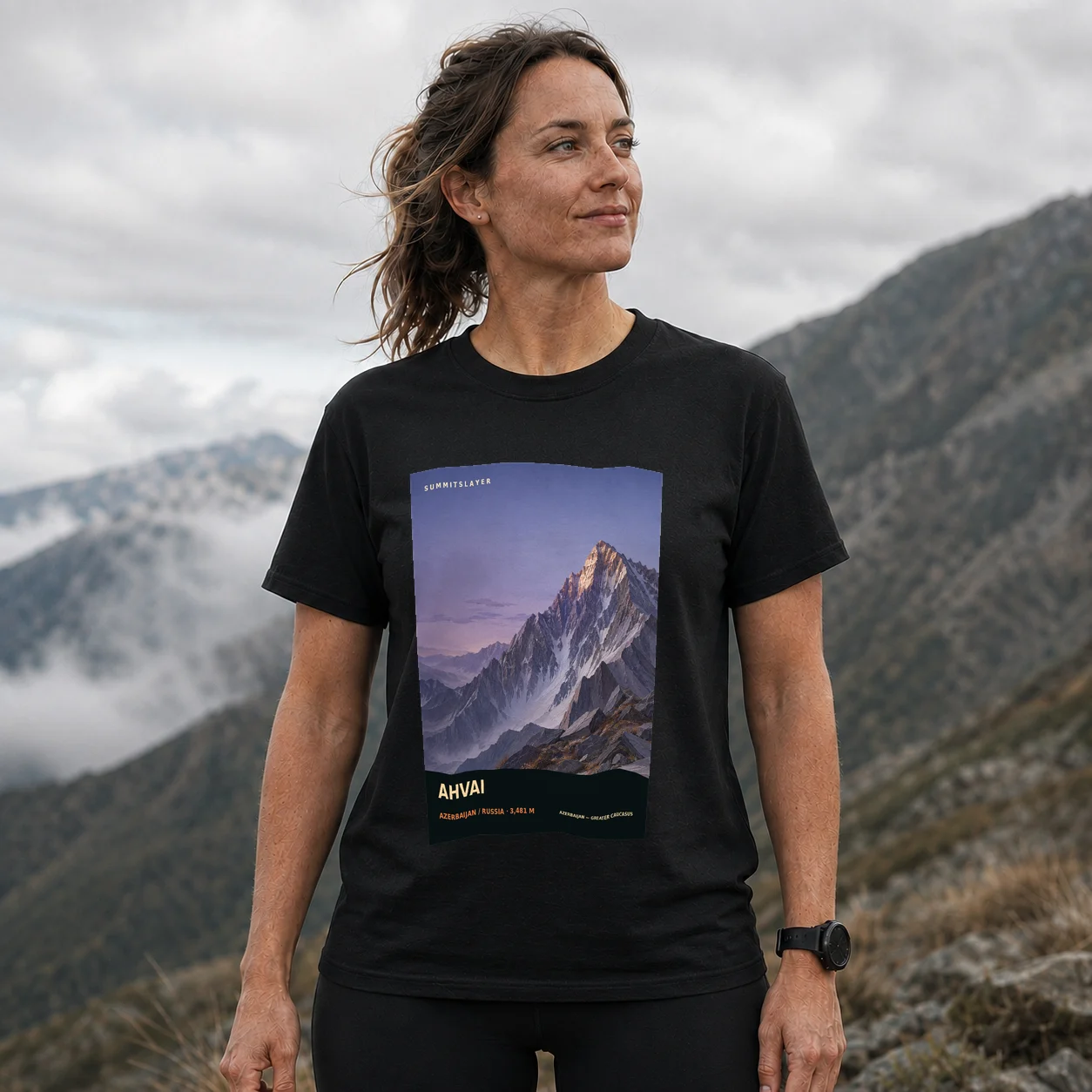 Black Gora Akhvay T-shirt front with mountain artwork