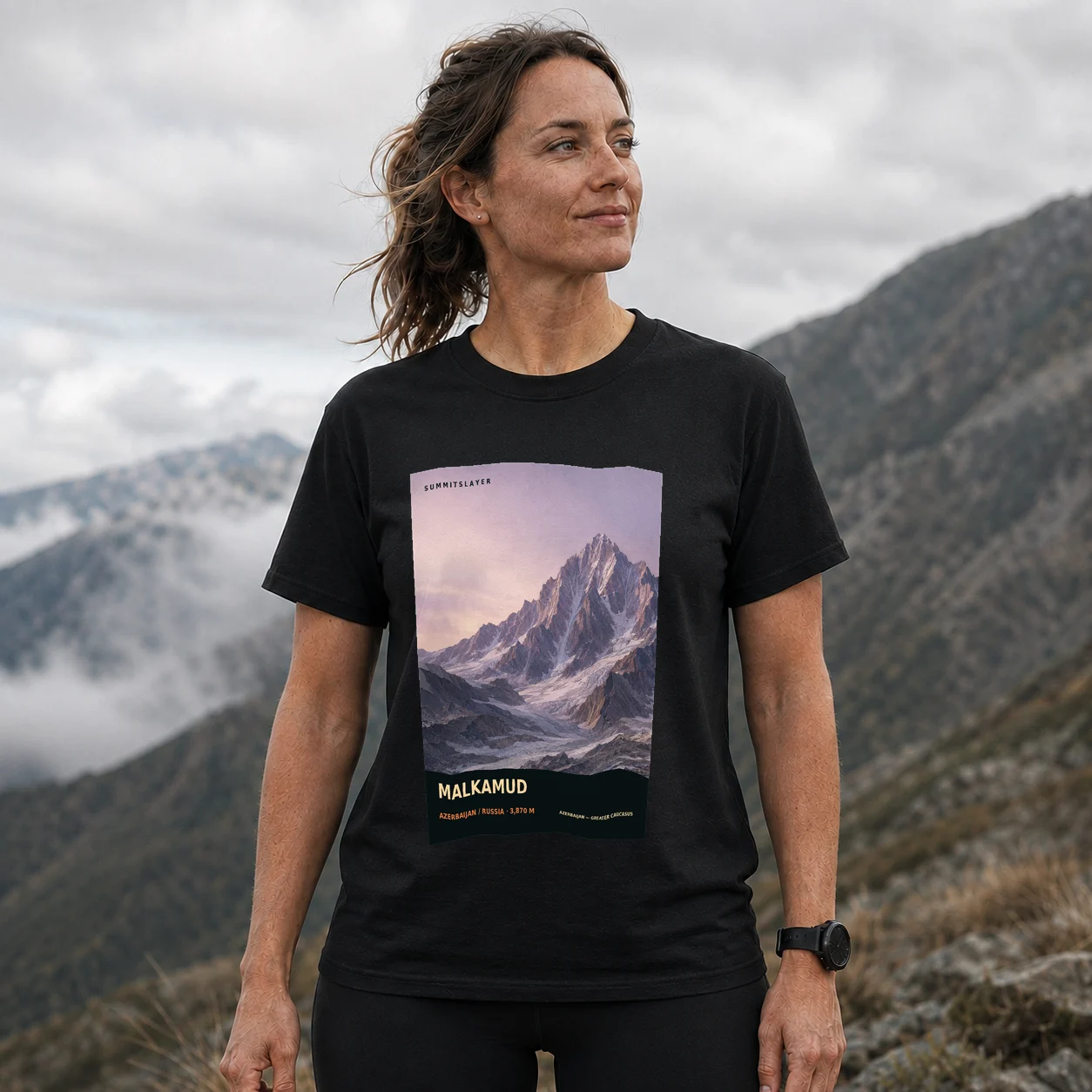 Black Gora Malkamud T-shirt front with mountain artwork