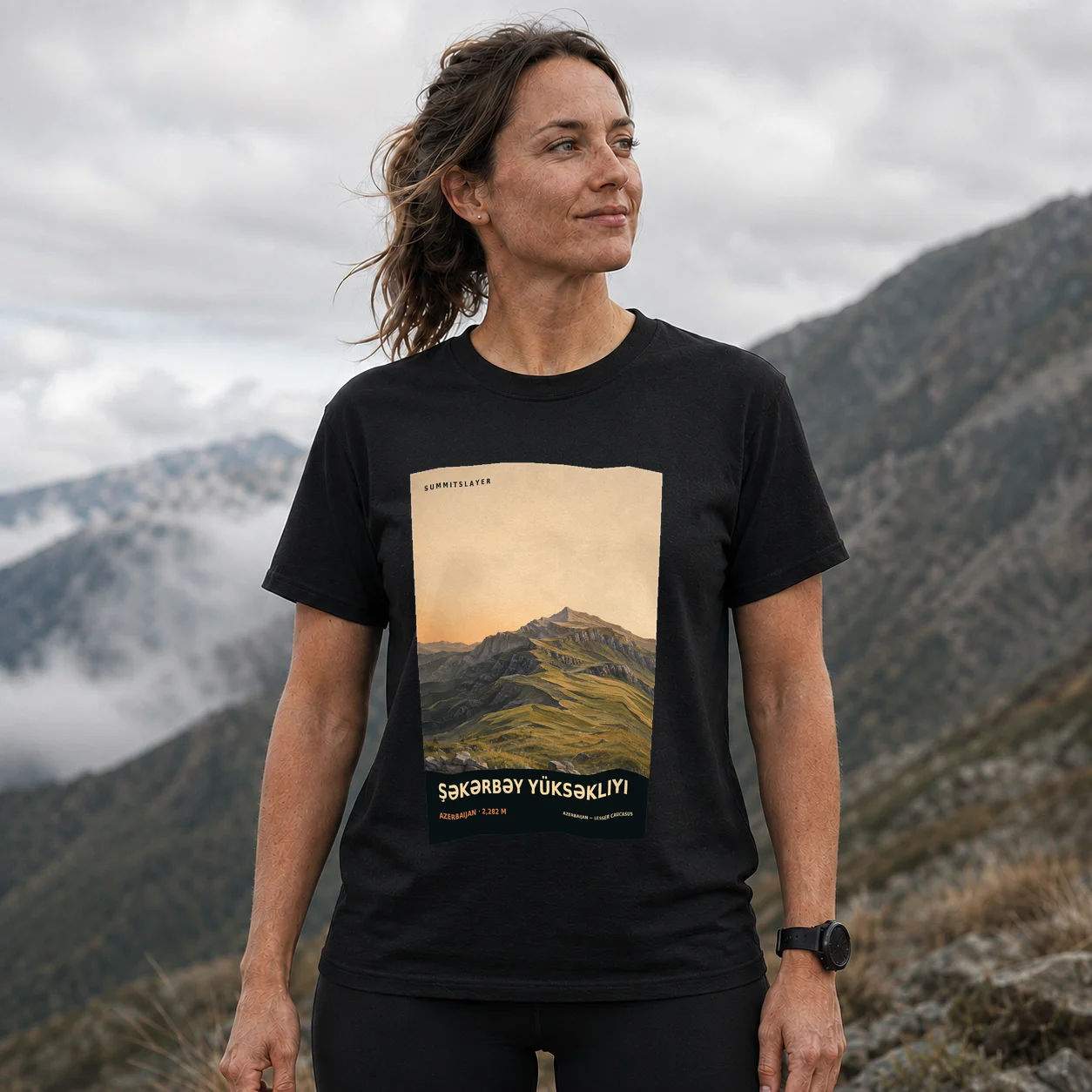 Black Gora Shakarbek T-shirt front with mountain artwork