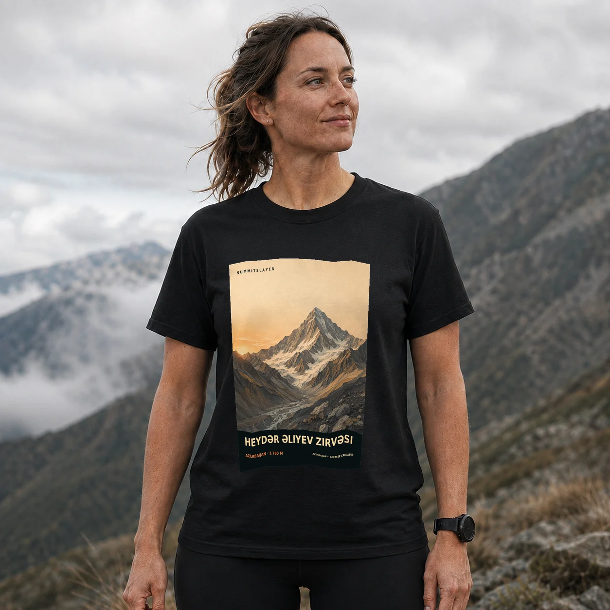 Black Heydar peak T-shirt front with mountain artwork