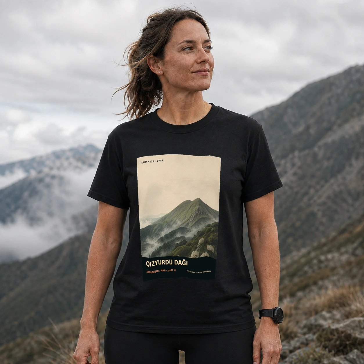 Black Qızyurdu Daği T-shirt front with mountain artwork