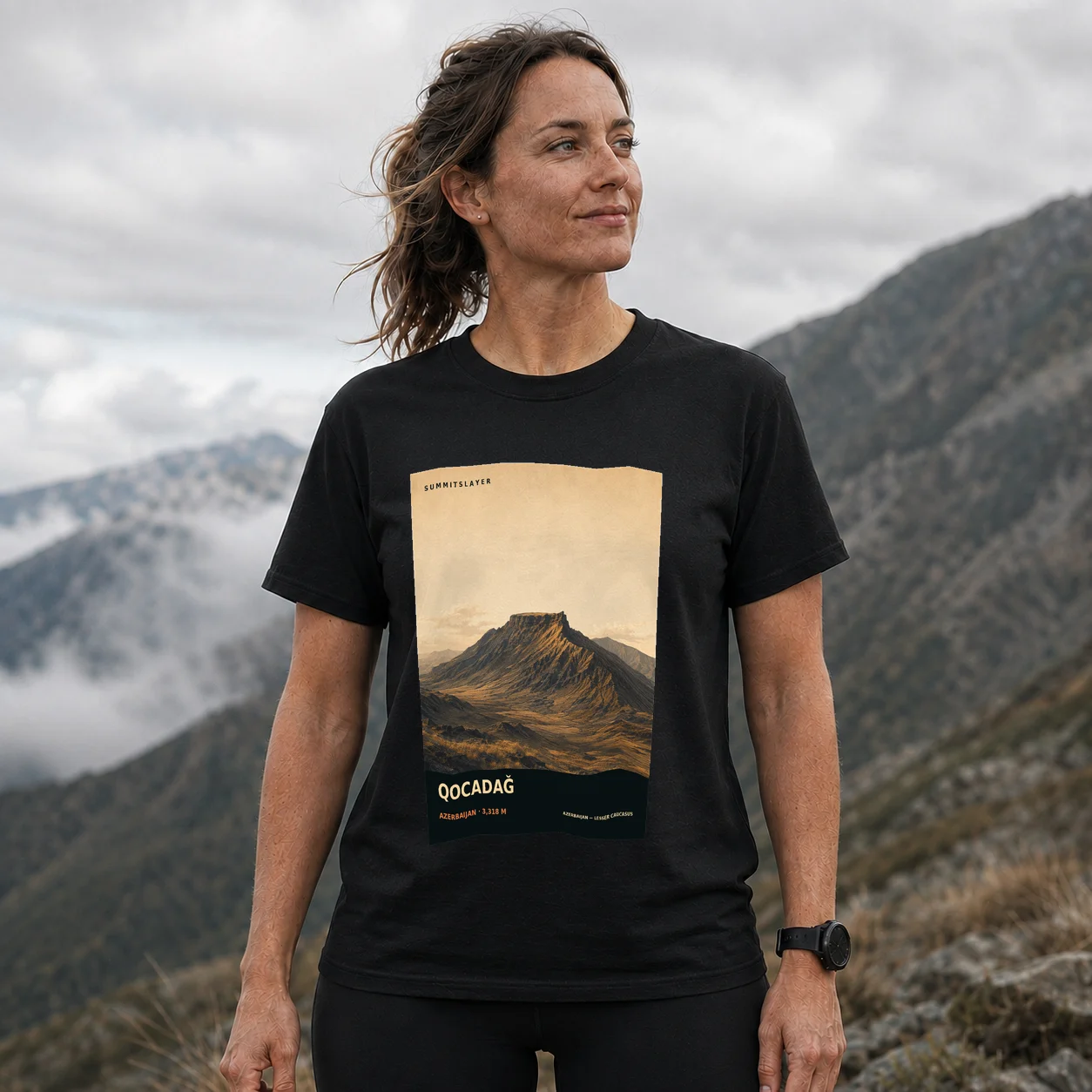 Black Qocadağ T-shirt front with mountain artwork