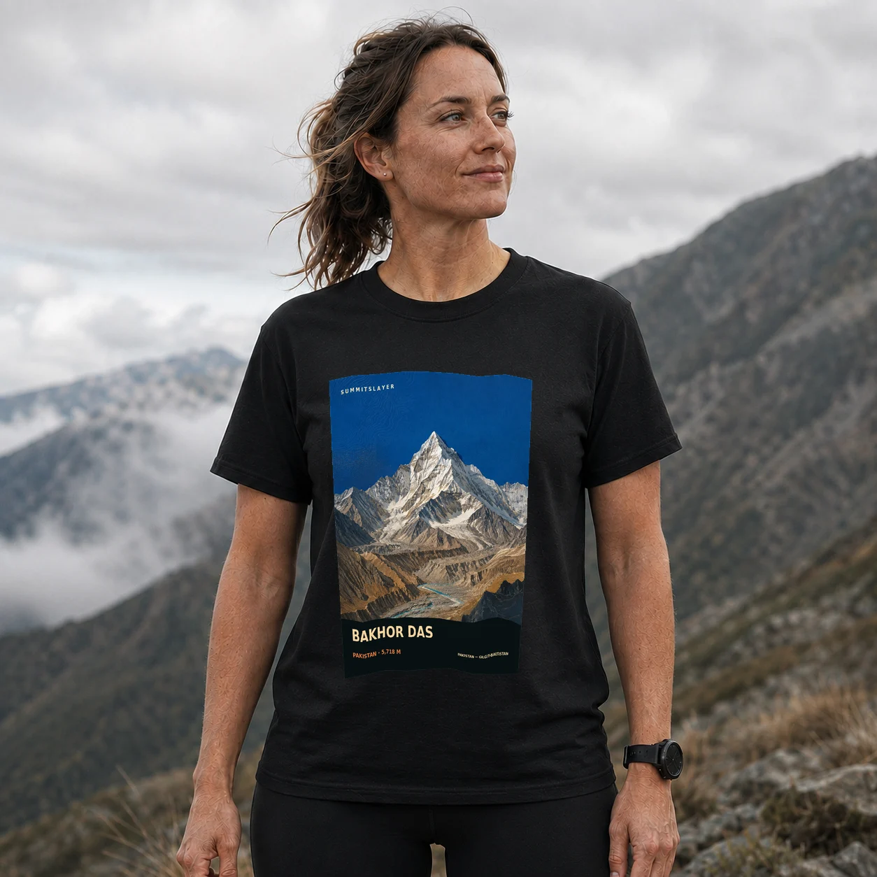 Black Bakhor Das T-shirt front with mountain artwork