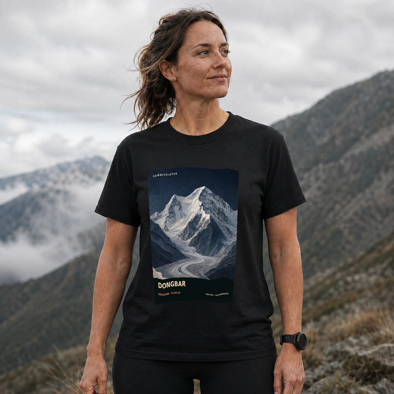 Black Dongbar T-shirt front with mountain artwork