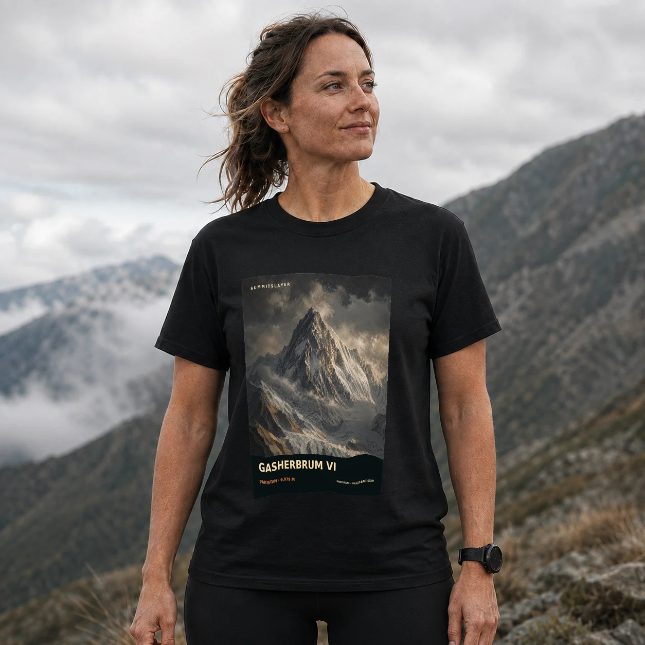 Black Gasherbrum VI T-shirt front with mountain artwork