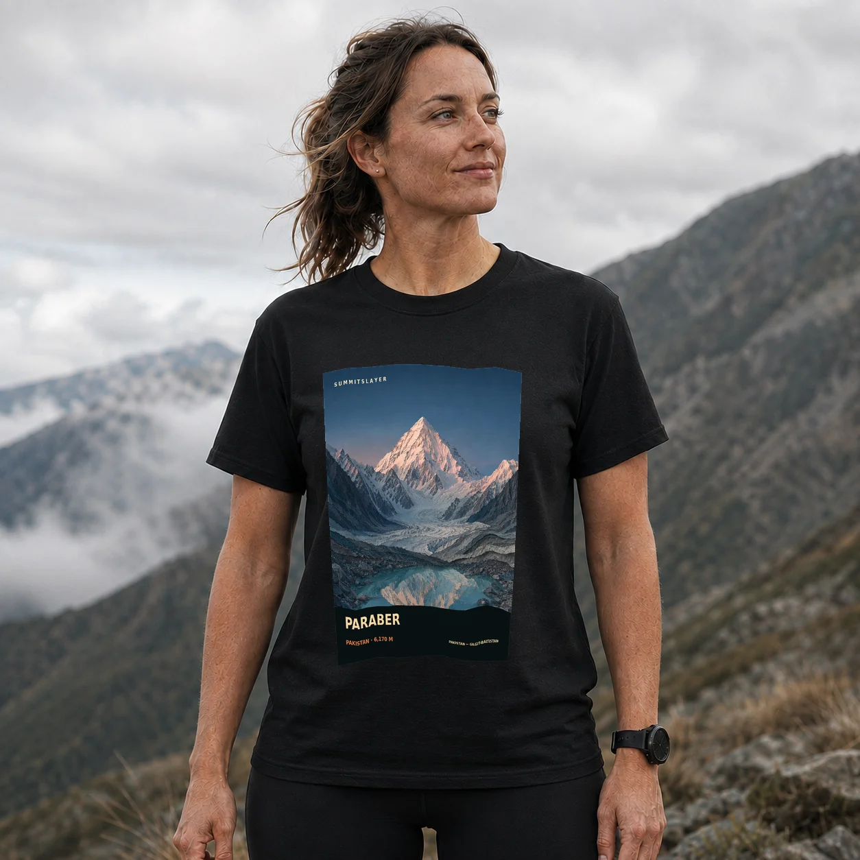 Black Paraber T-shirt front with mountain artwork
