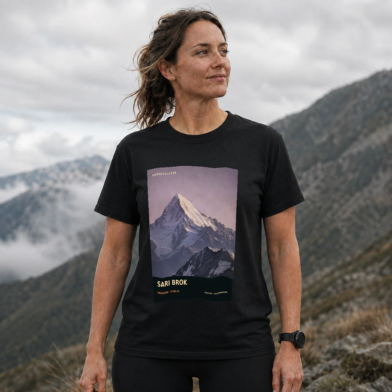 Black Sari Brok T-shirt front with mountain artwork