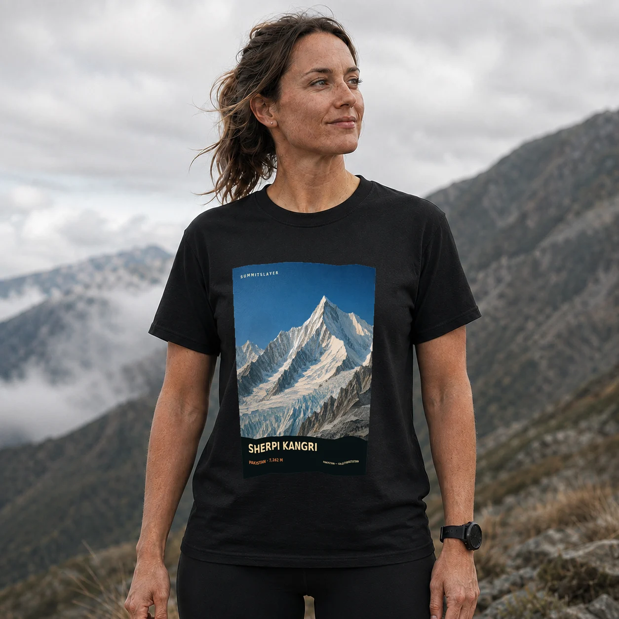 Black Sherpi Kangri T-shirt front with mountain artwork