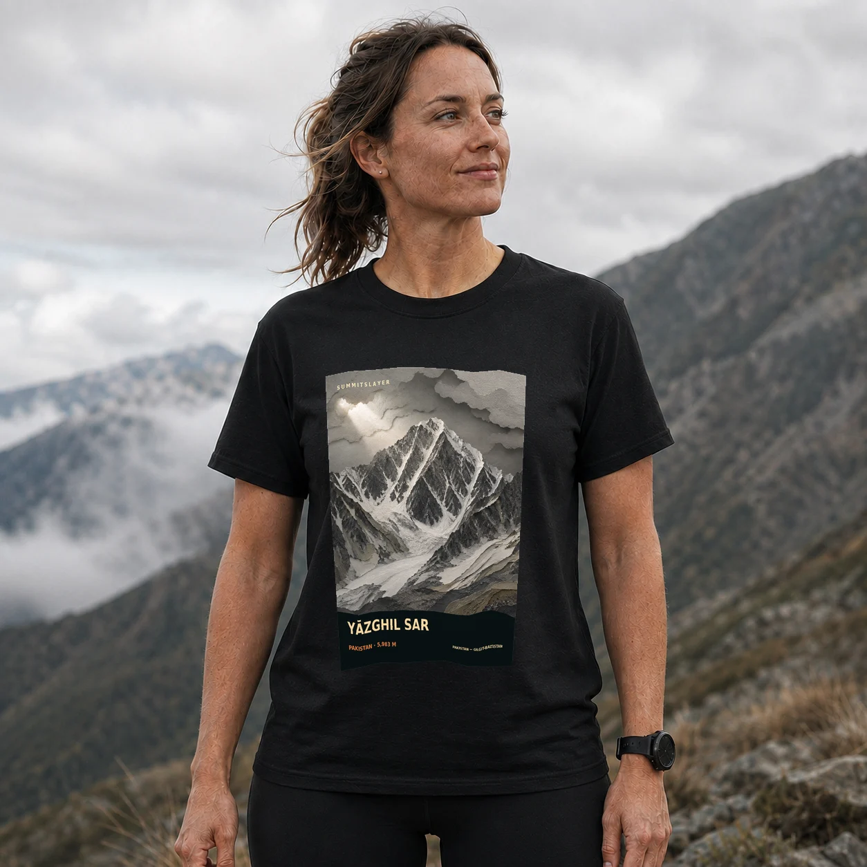 Black Yāzghil Sar T-shirt front with mountain artwork