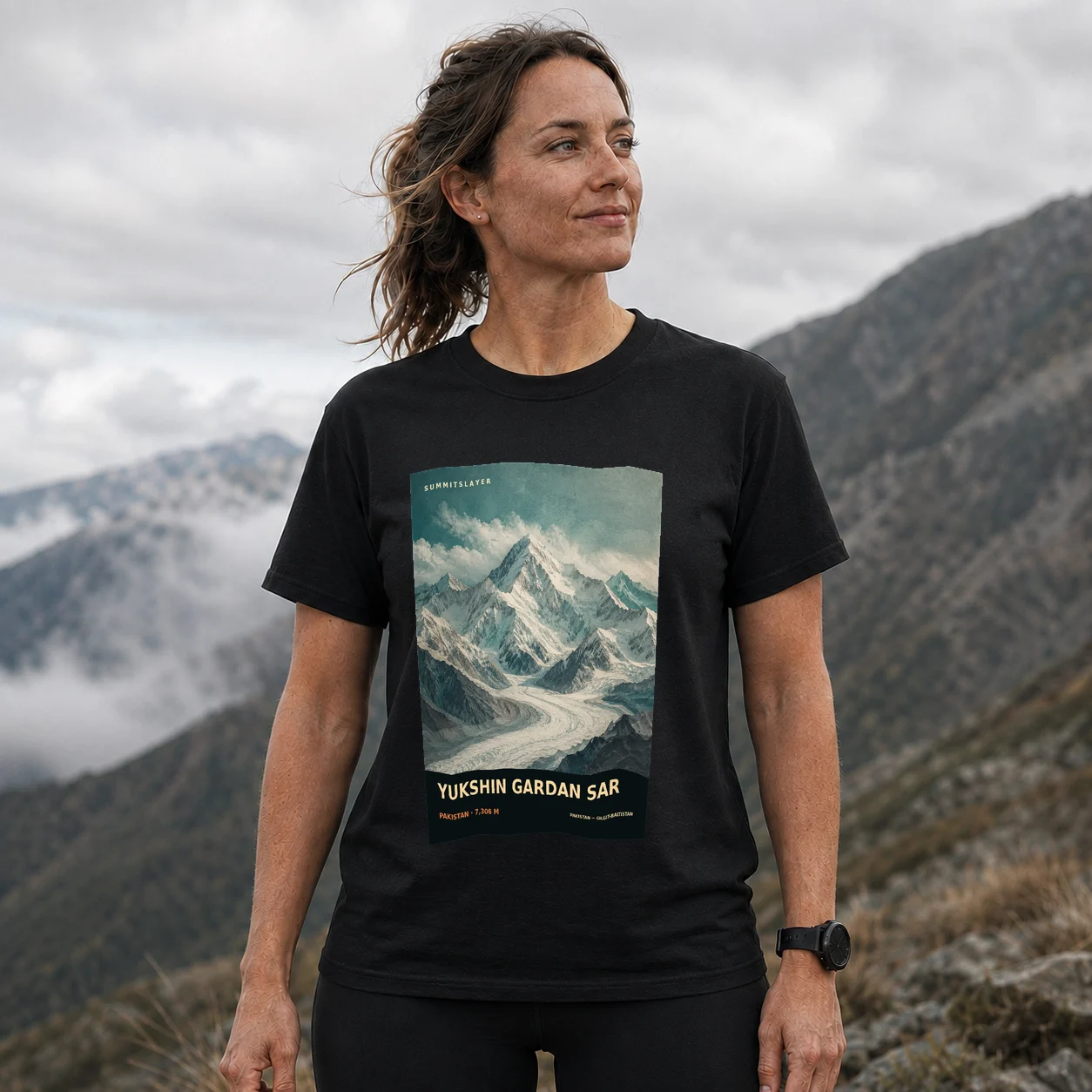Black Yukshin Gardan Sar T-shirt front with mountain artwork