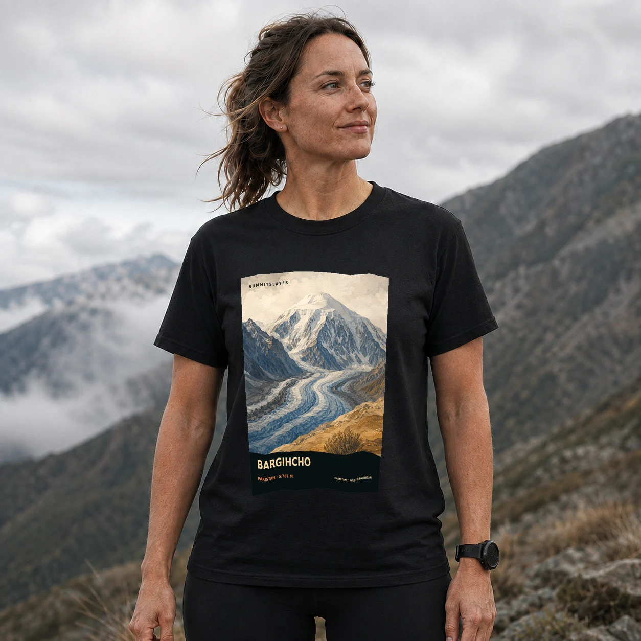 Black Bargihcho T-shirt front with mountain artwork