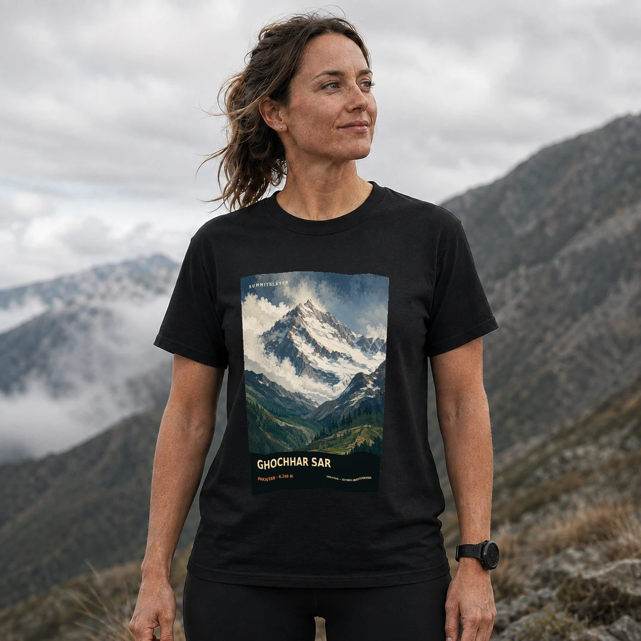 Black Ghochhar Sar T-shirt front with mountain artwork