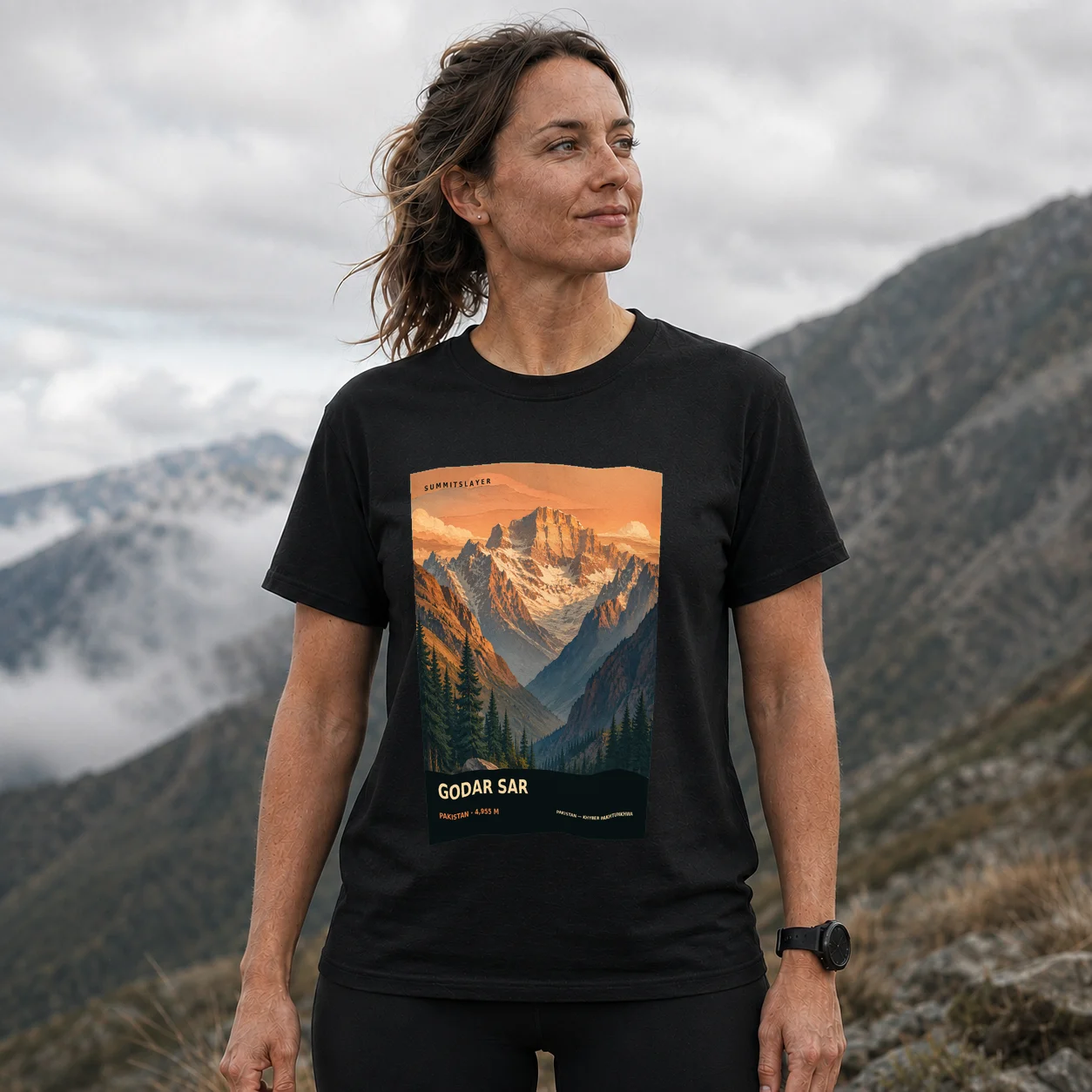 Black Godar Sar T-shirt front with mountain artwork