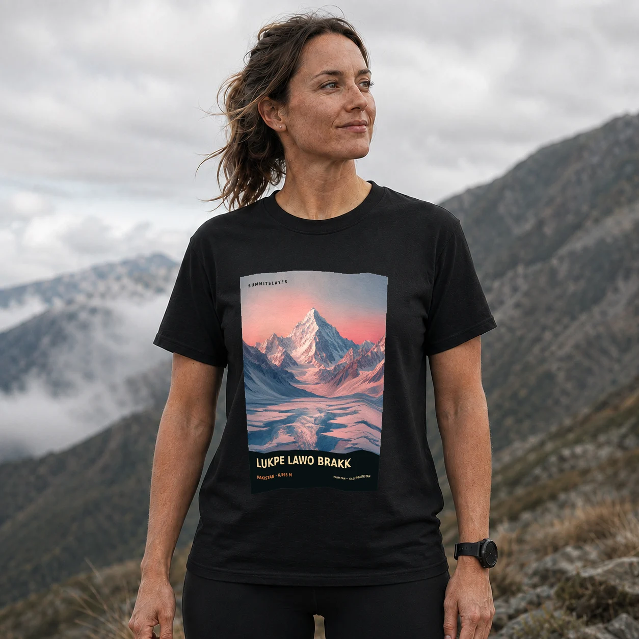 Black Lukpe Lawo Brakk T-shirt front with mountain artwork