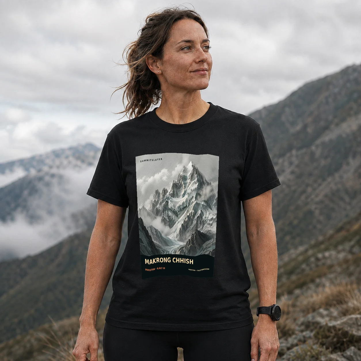 Black Makrong Chhish T-shirt front with mountain artwork