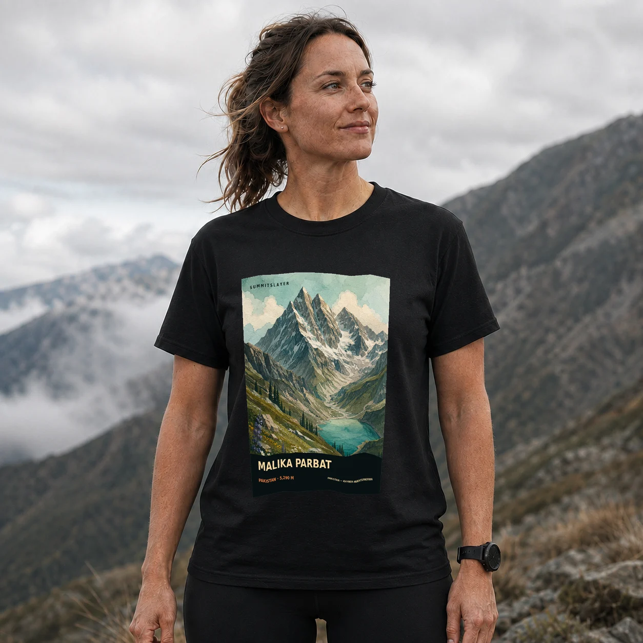 Black Malka Parbat T-shirt front with mountain artwork