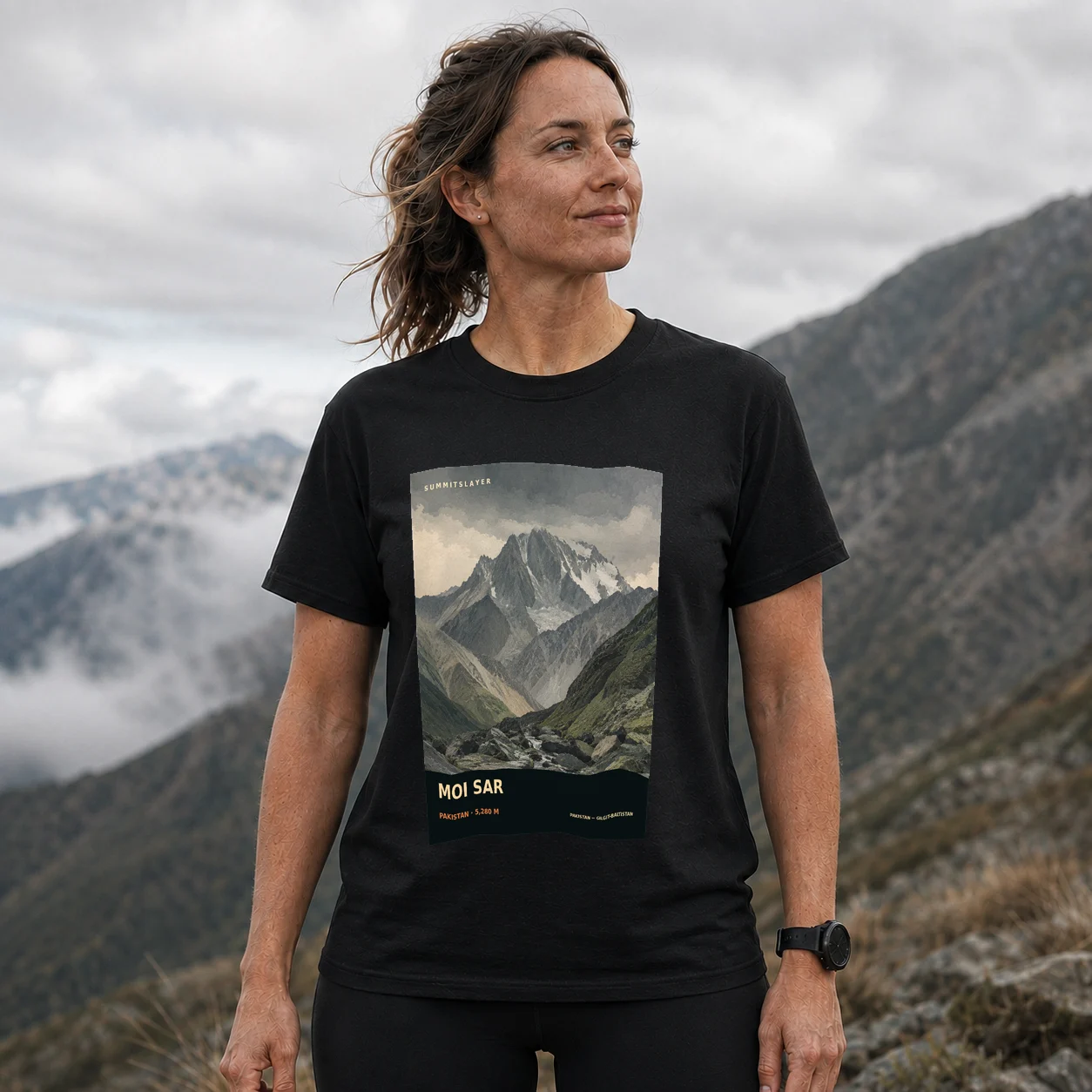 Black Moi Sar T-shirt front with mountain artwork